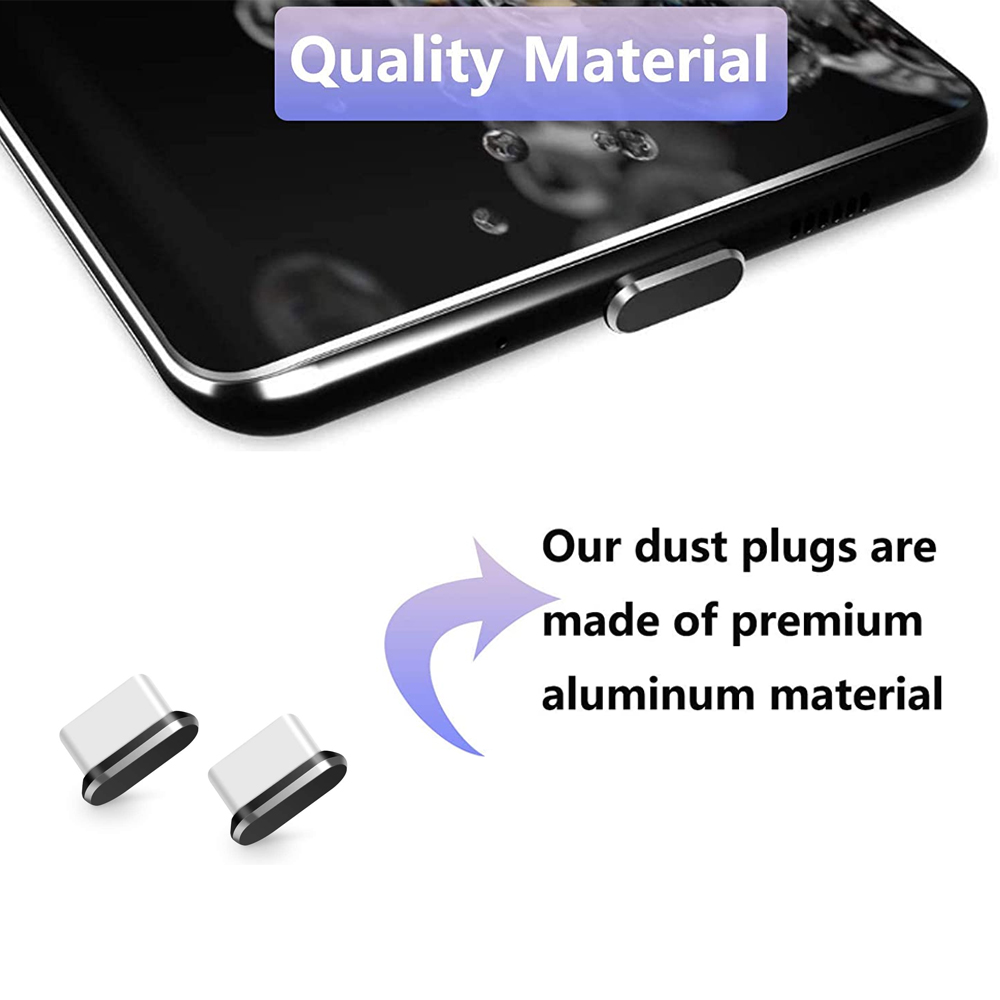 Das Bild zeigt zwei weiße und graue USB-C-Staubschutzstecker mit dem Text „Unsere Staubschutzstecker bestehen aus hochwertigem Aluminium“.