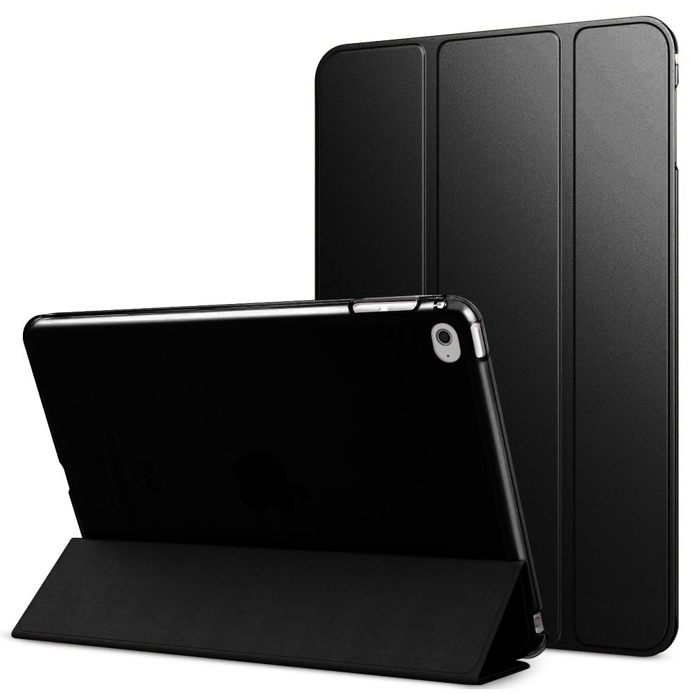 Zwei schwarze iPad-Hüllen, eine stehend und eine offen, vor einem weißen Hintergrund.