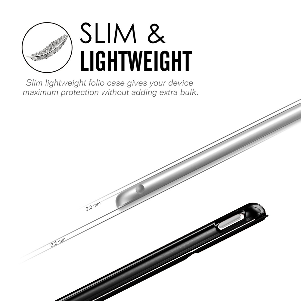 Seitenansicht einer schlanken, schwarzen und silbernen iPad-Hülle mit der Aufschrift „Slim & Lightweight“.