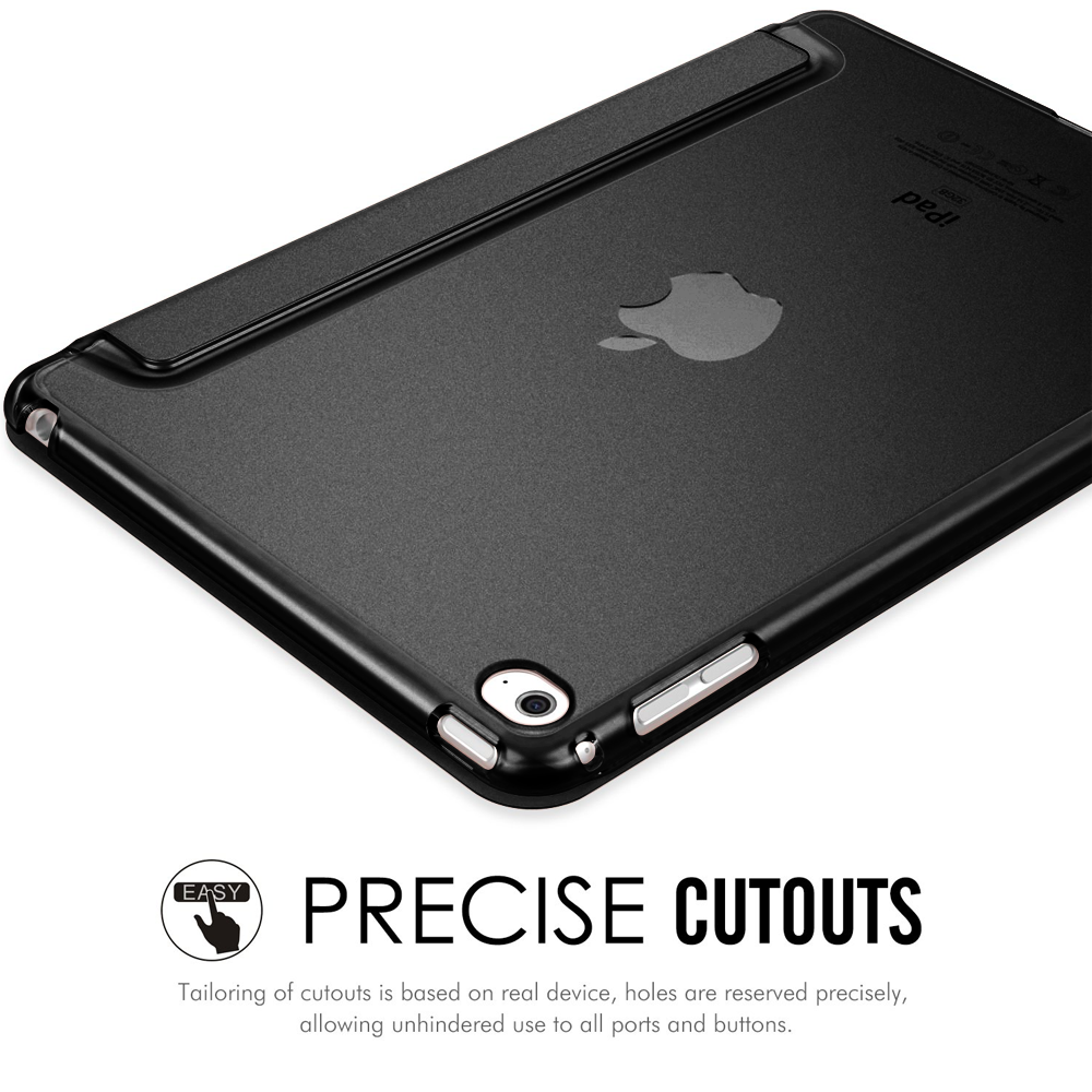 Schwarze iPad-Hülle mit präzisen Ausschnitten, die die Rückseite des Geräts zeigt.