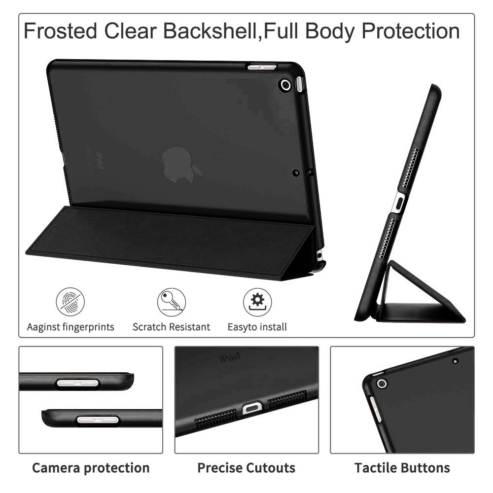 Schwarze iPad-Hülle mit dem Text „Frosted Clear Backshell, Full Body Protection“.