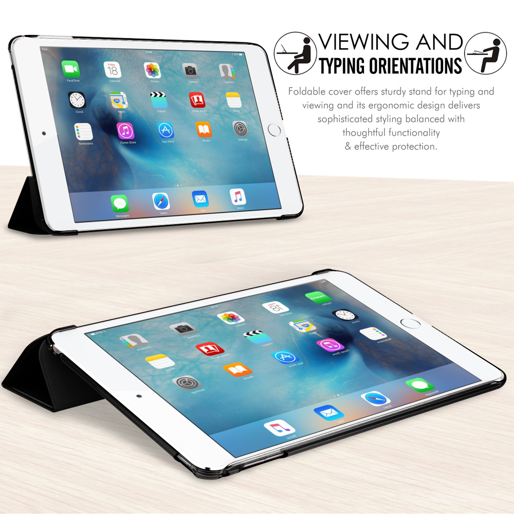 Zwei iPads in schwarzen Hüllen, eines stehend, die Betrachtungs- und Tippausrichtungen zeigen.