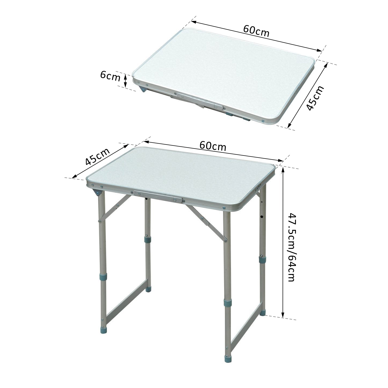 Diagrama que muestra las dimensiones de una mesa plegable tanto en su estado de pie como plegada sobre un fondo blanco.