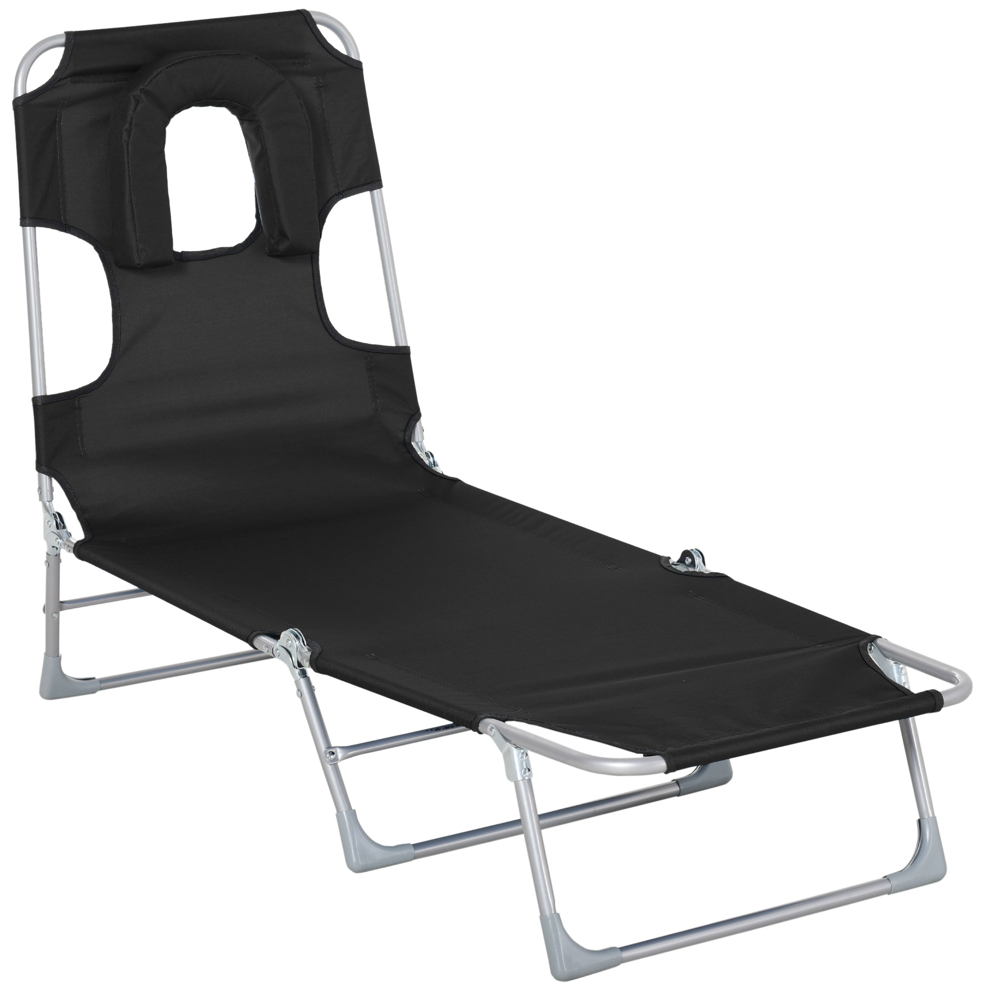 Una silla de playa plegable negra. Tiene un reposacabezas y es de metal. Plástico gris en las patas.