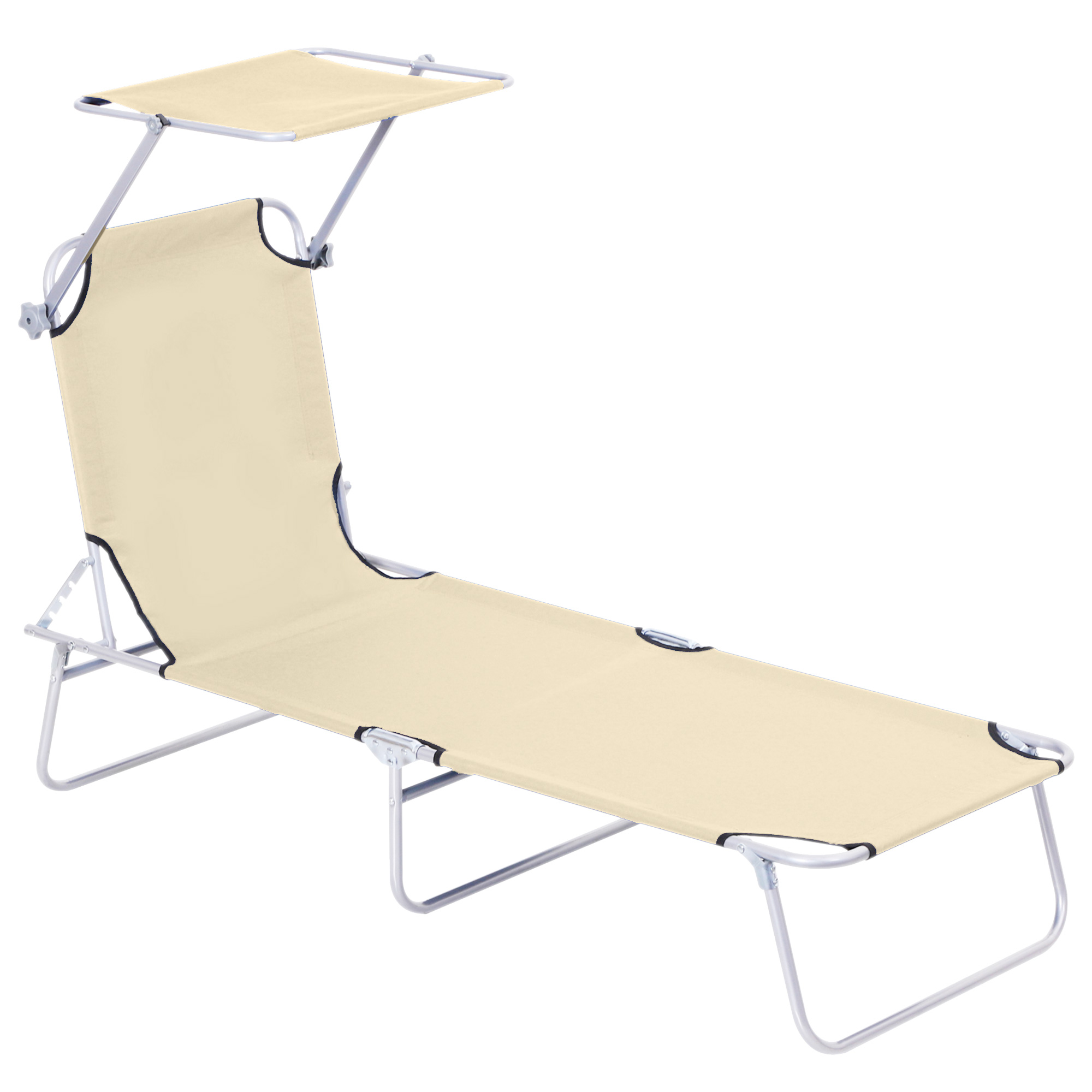Sedia a sdraio beige con struttura bianca e baldacchino, progettata per la protezione solare e il relax all'aperto su sfondo bianco.