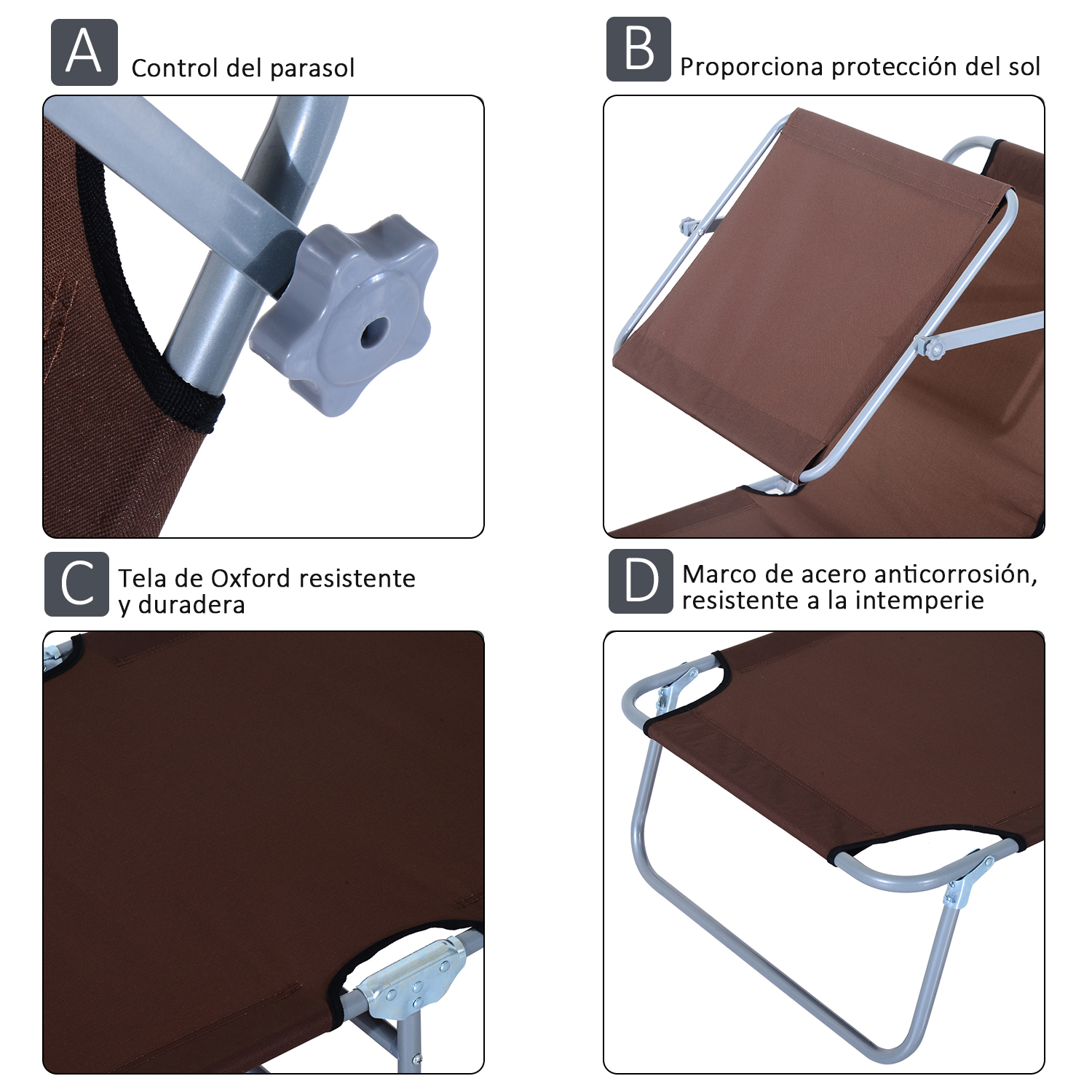 Un collage muestra detalles de una tumbona marrón con diferentes funciones, incluyendo control de parasol y tela Oxford.