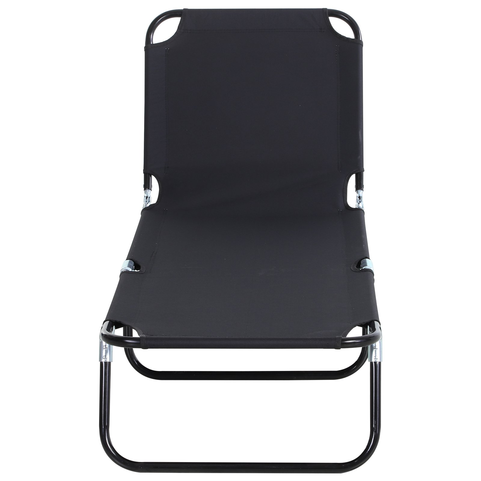 Vista frontal de una tumbona plegable negra con estructura de metal, que muestra su diseño simple.