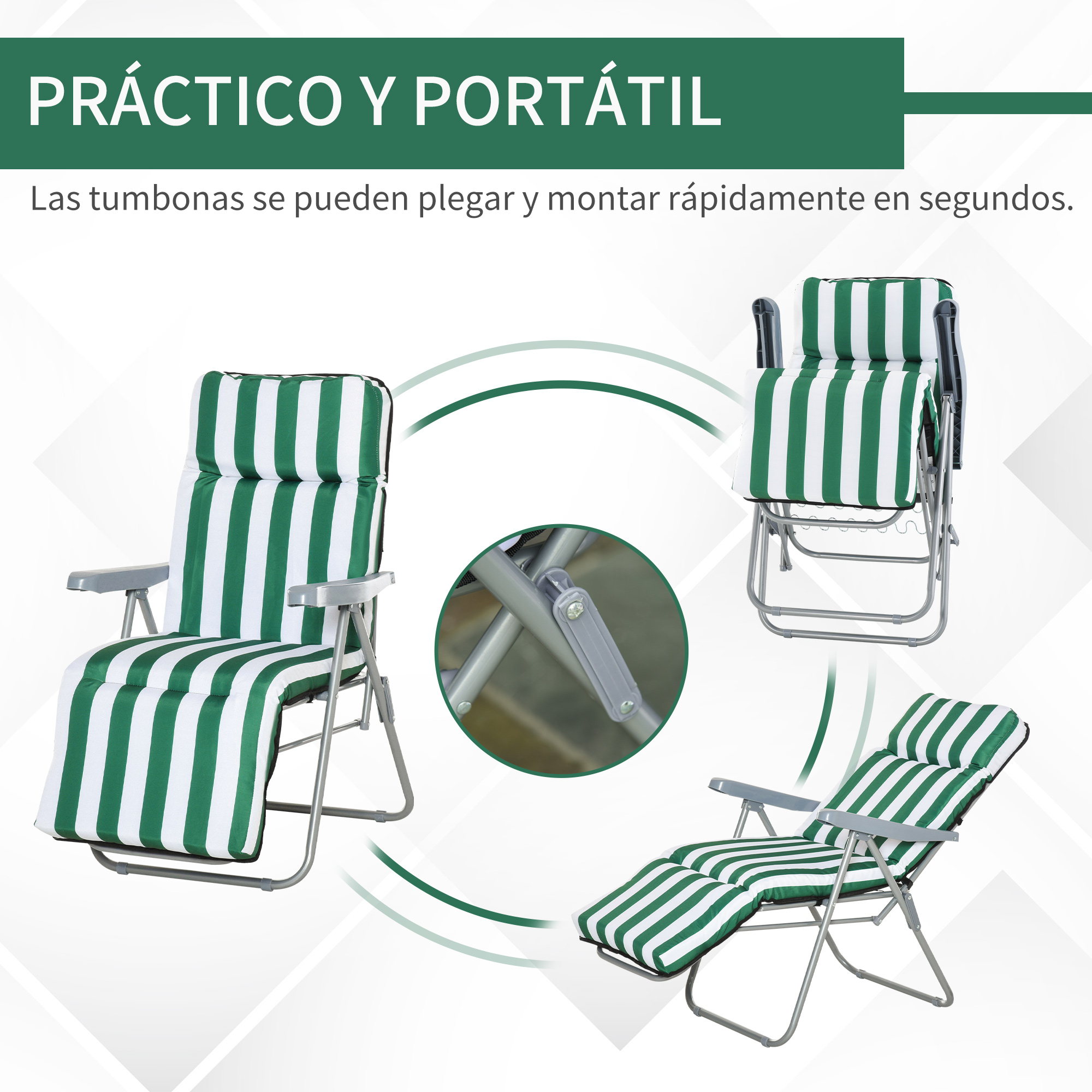 Silla plegable en tres posiciones: vertical, plegada y reclinada, con rayas verdes y blancas.