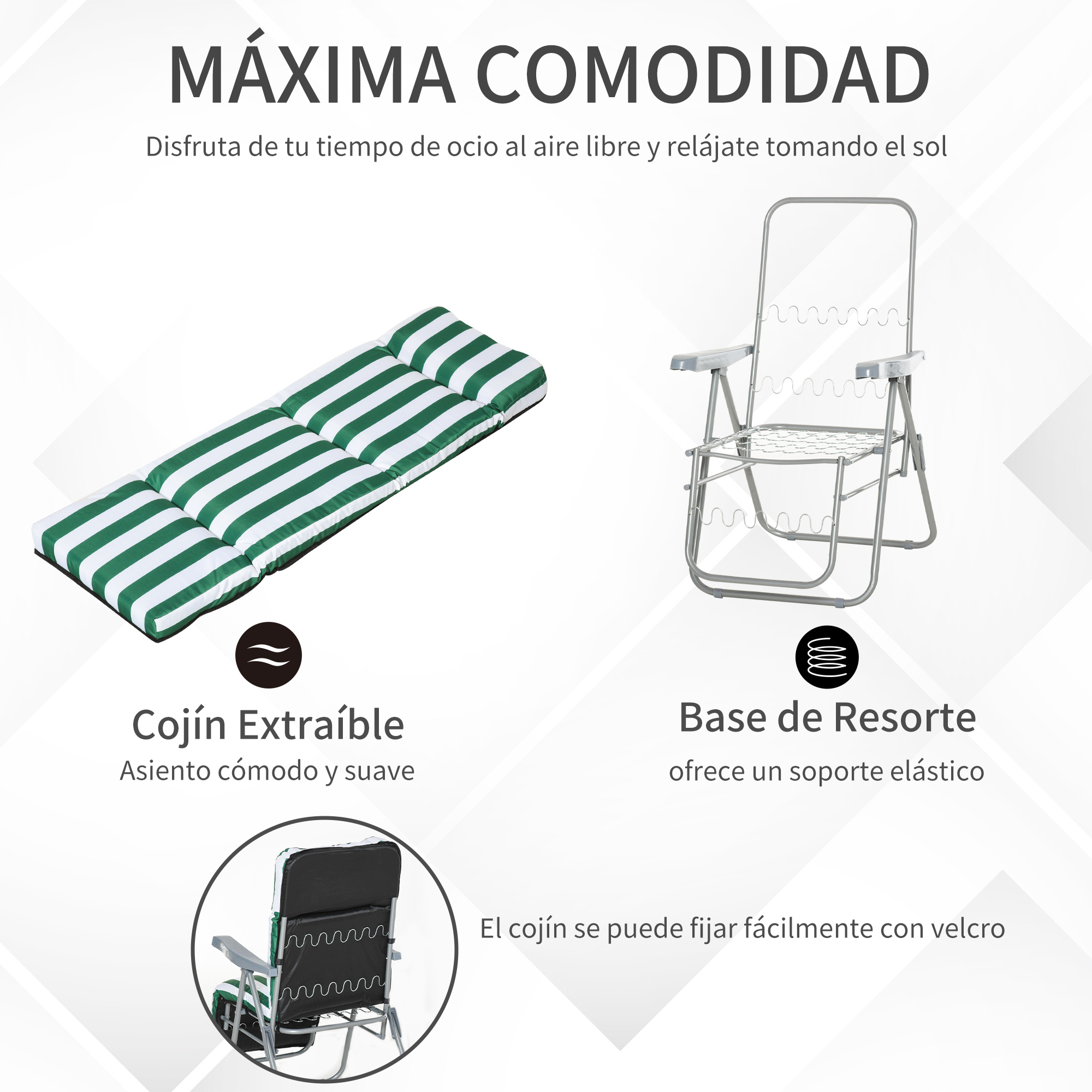 Silla y cojín a rayas, con detalles sobre el cojín extraíble y la base de muelles.
