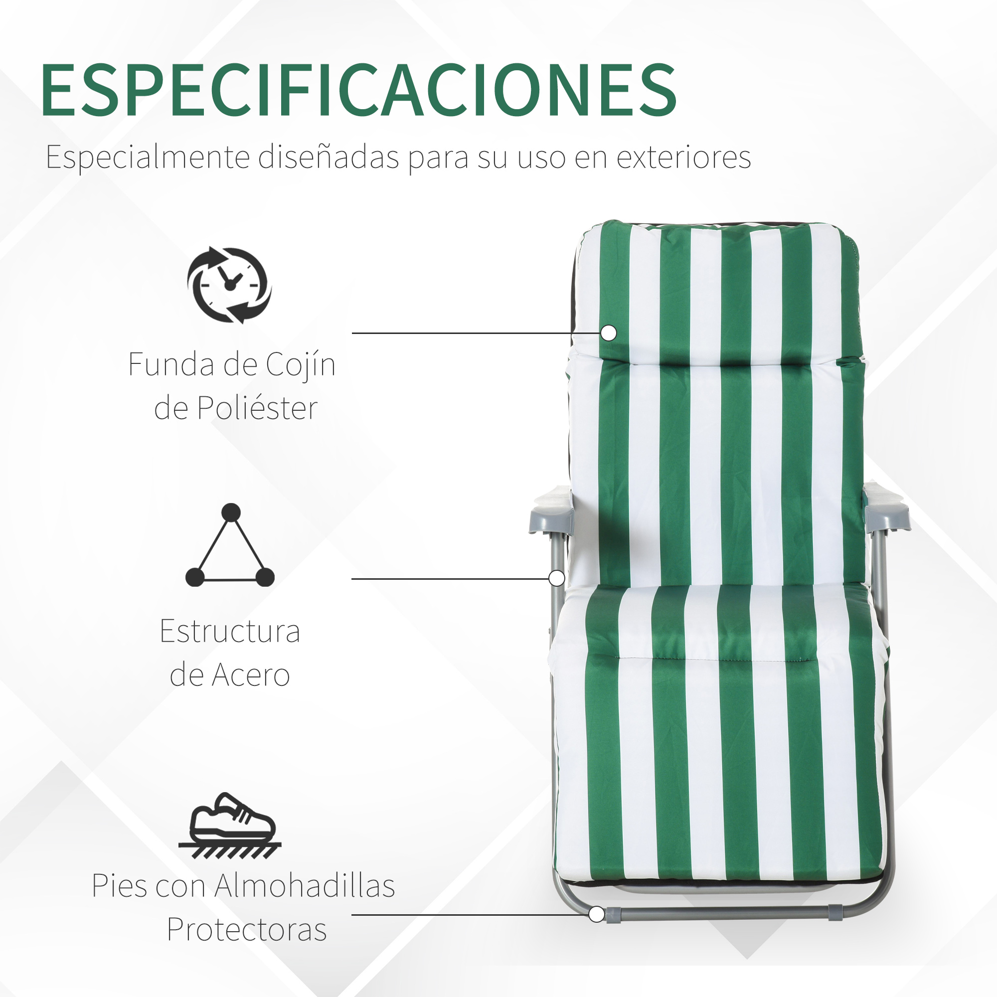 Silla con cojín a rayas verdes y blancas, con detalles de la funda de poliéster y el marco de acero.