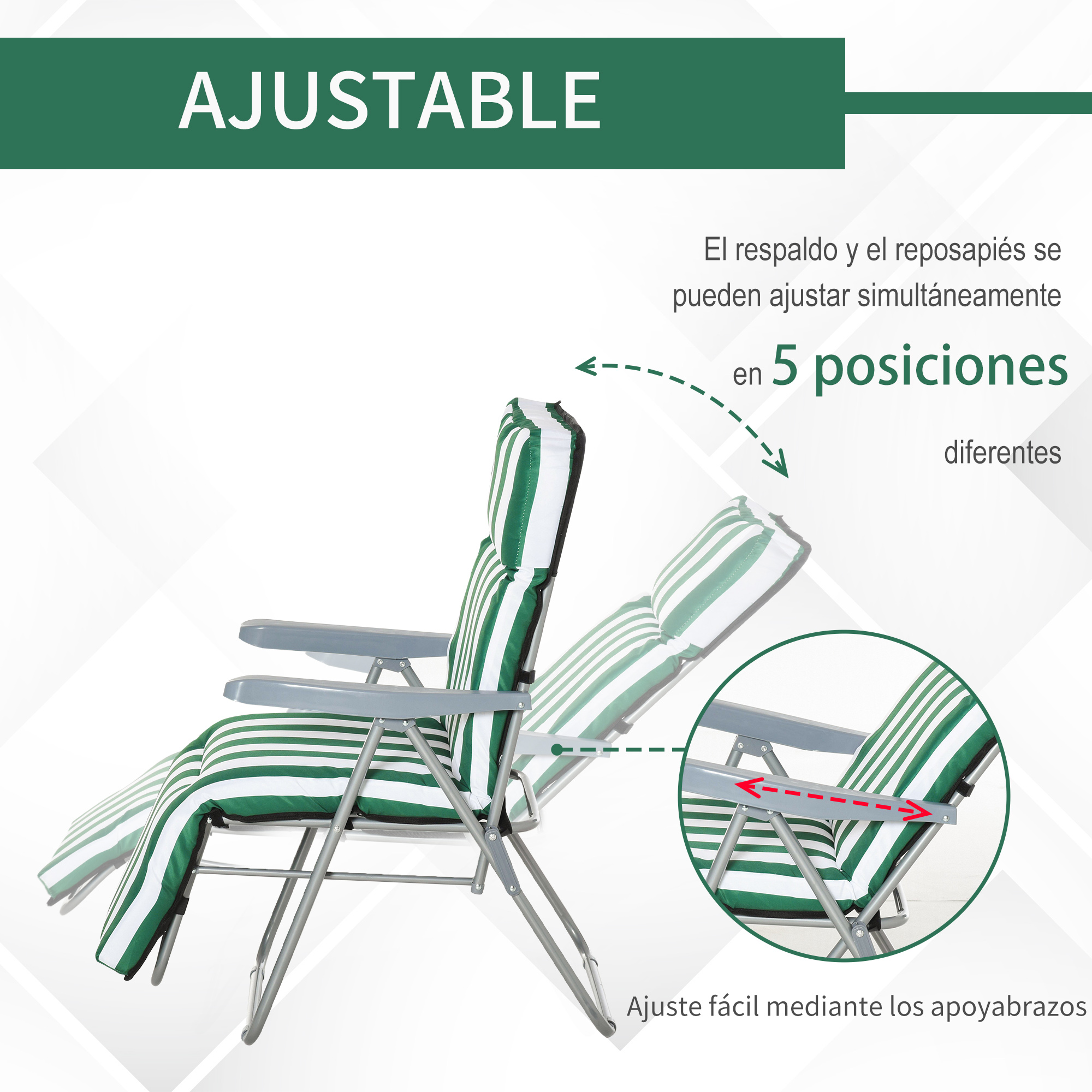 La imagen muestra una tumbona ajustable con rayas verdes y blancas.