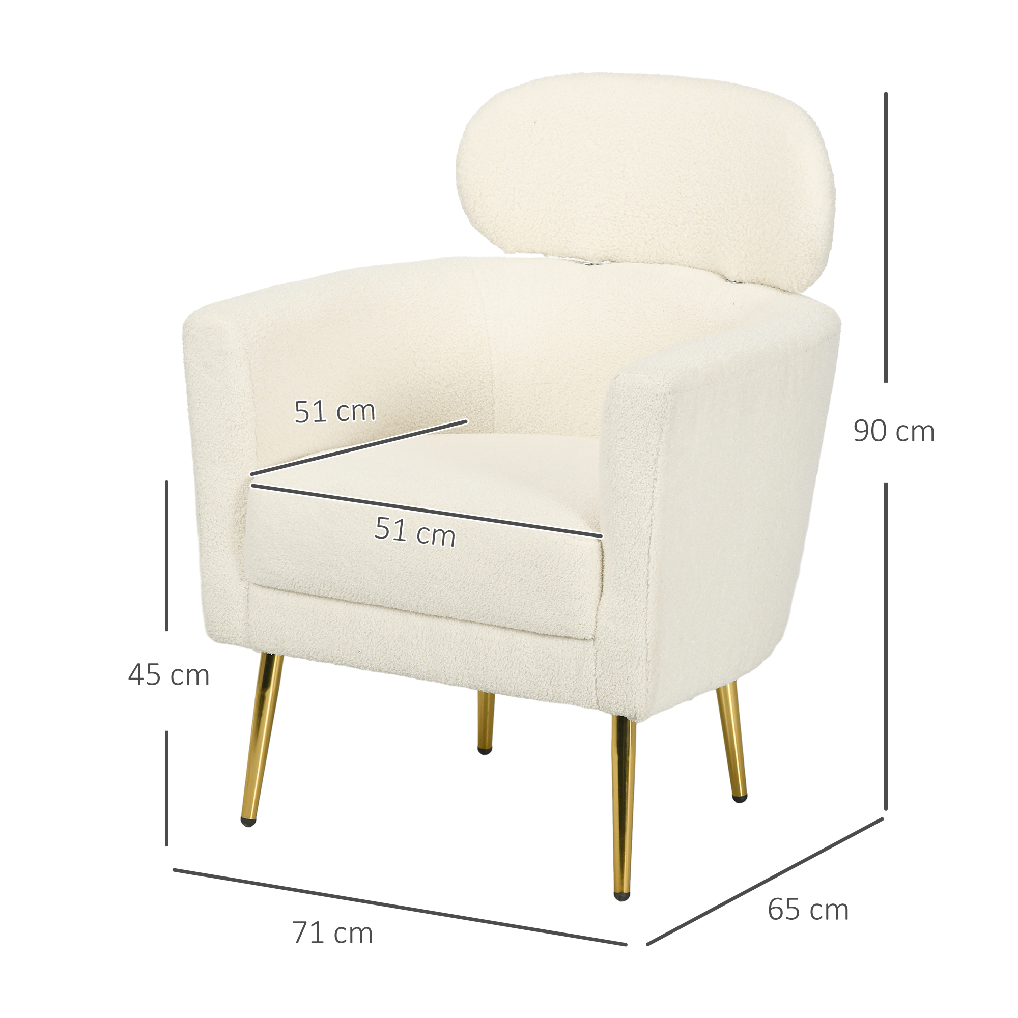 Sillón crema con patas doradas, con dimensiones etiquetadas.