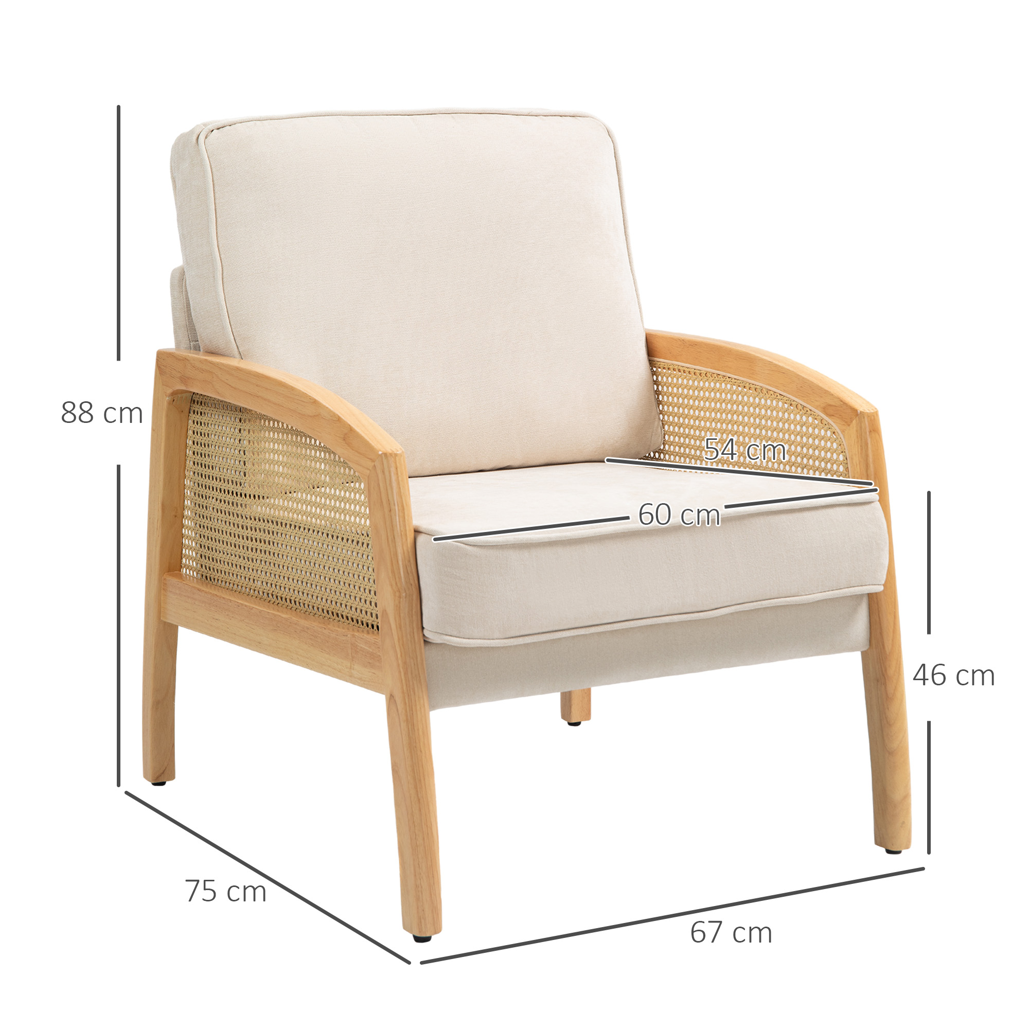 Sillón beige con estructura de madera y laterales de mimbre. La silla tiene un asiento y respaldo acolchados.