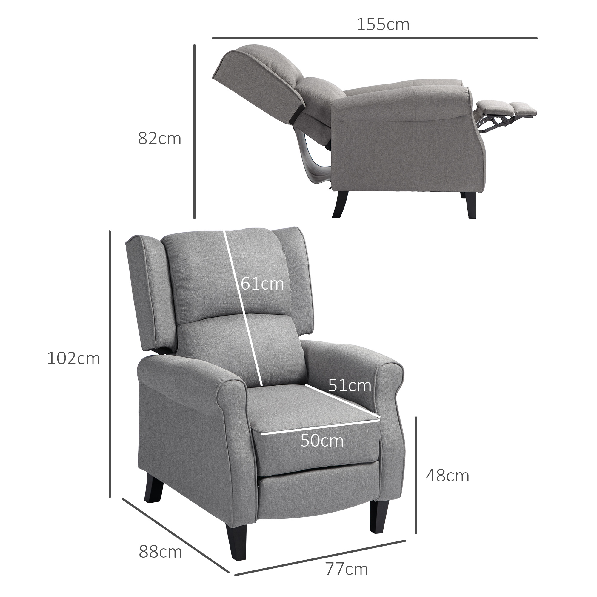 Diagrama de un sillón reclinable gris con medidas: altura, ancho y tamaño del asiento, reposapiés extendido.