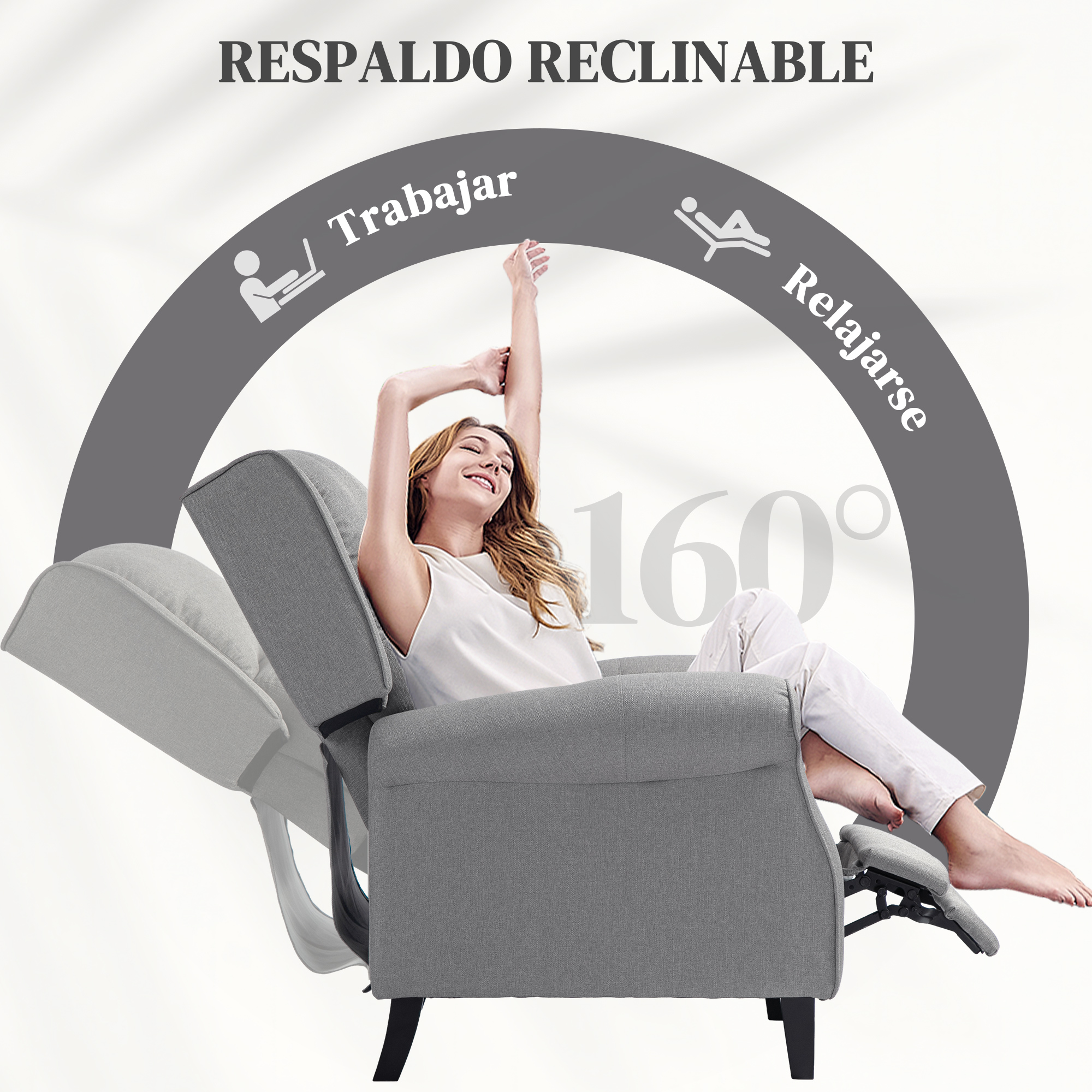 Sillón reclinable gris con una mujer reclinada en él, con texto y una indicación de ángulo de 160 grados.