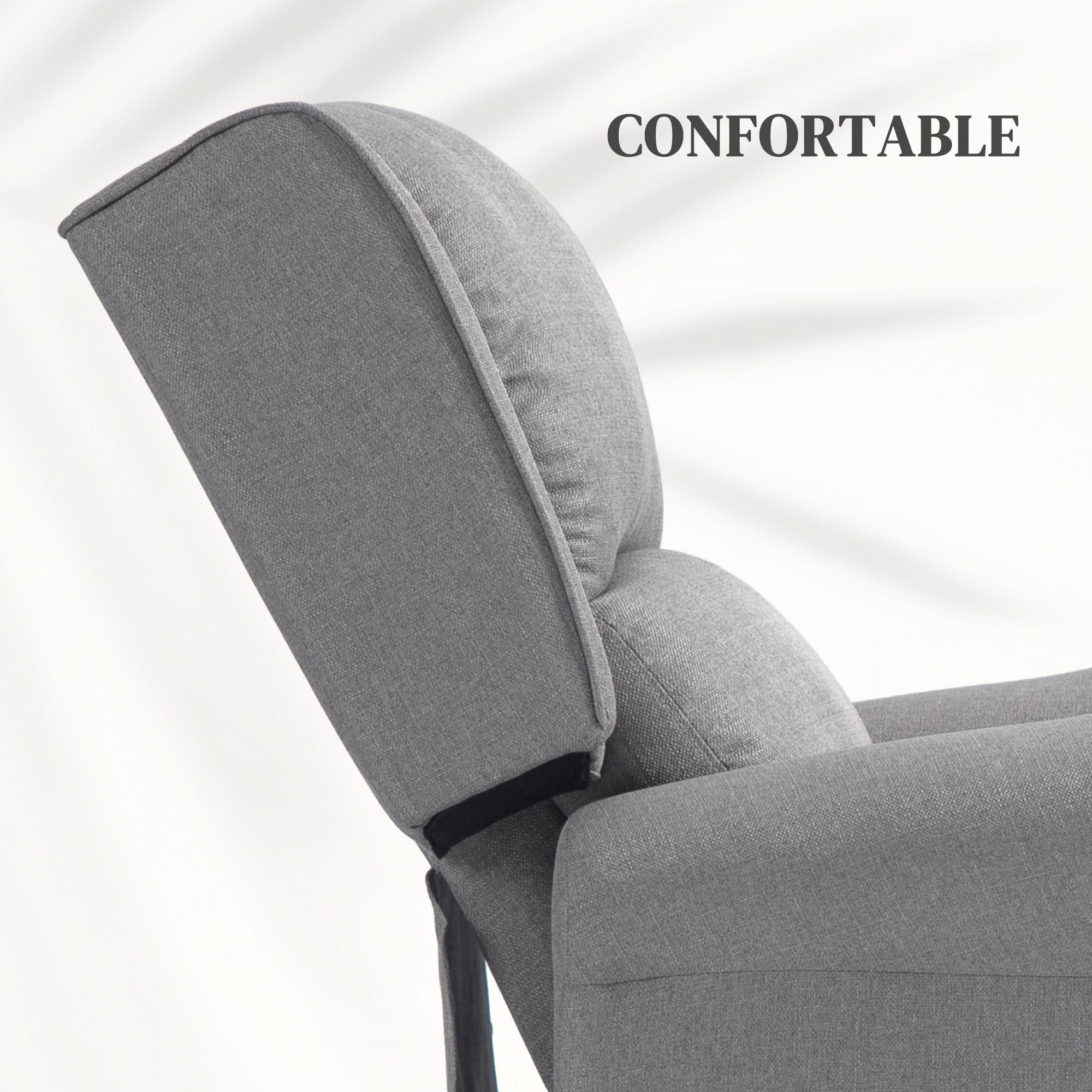 Primer plano del reposacabezas de un sillón reclinable gris, con la palabra "Cómodo" encima.