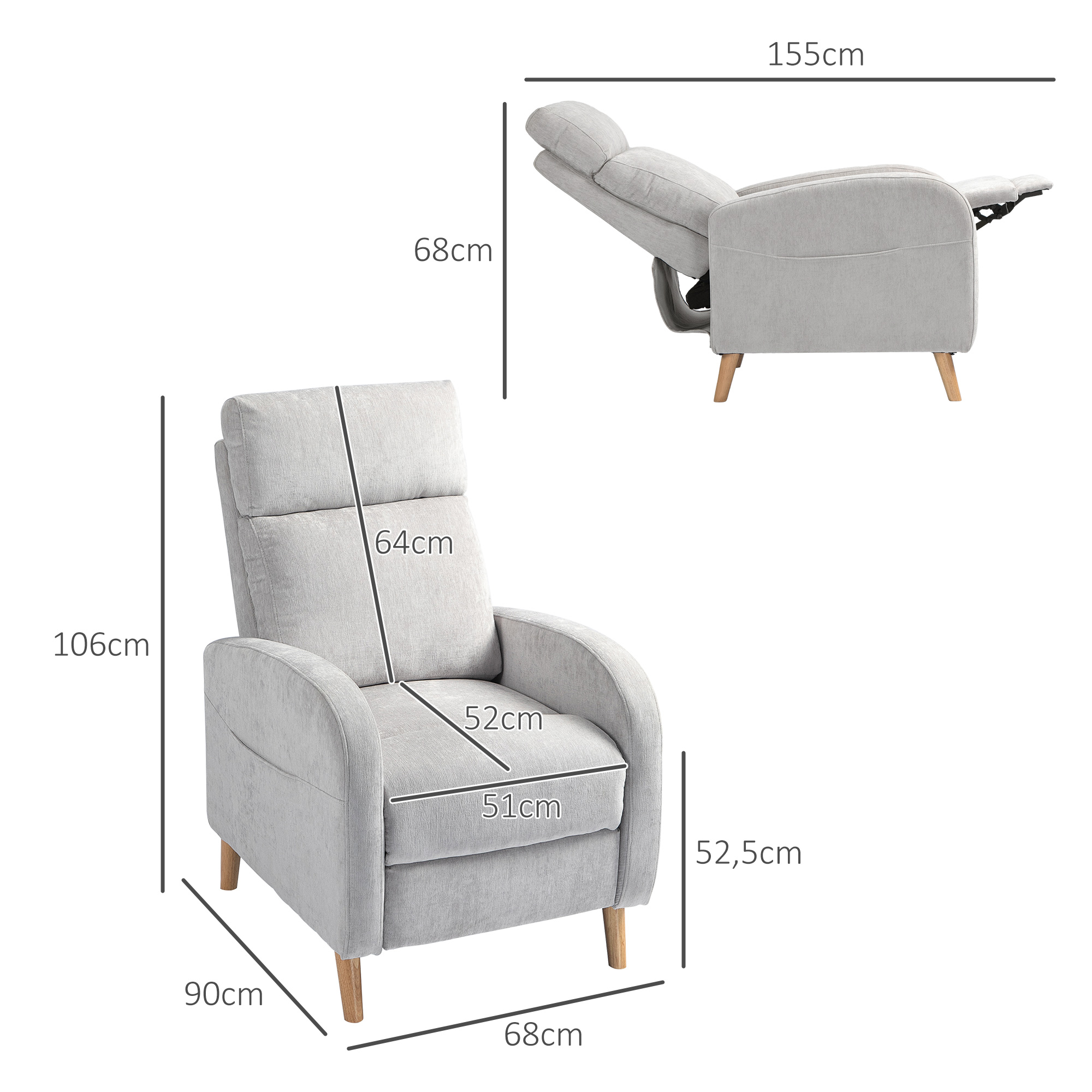 Sillón gris claro con dimensiones, sobre blanco. La silla está en posición vertical.