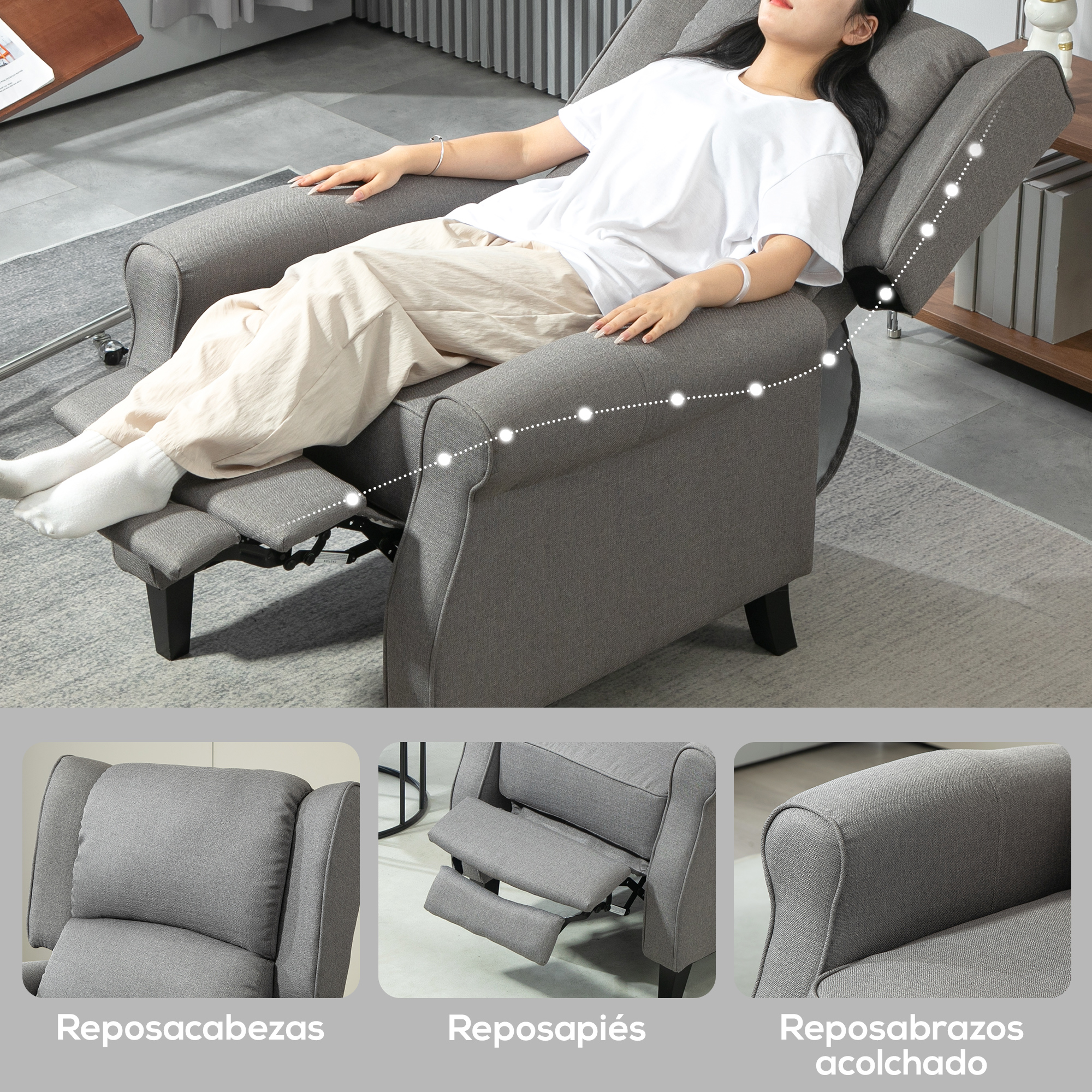 Mujer con camisa blanca en sillón gris. Reposapiés arriba. Primeros planos: reposacabezas, reposapiés, reposabrazos.
