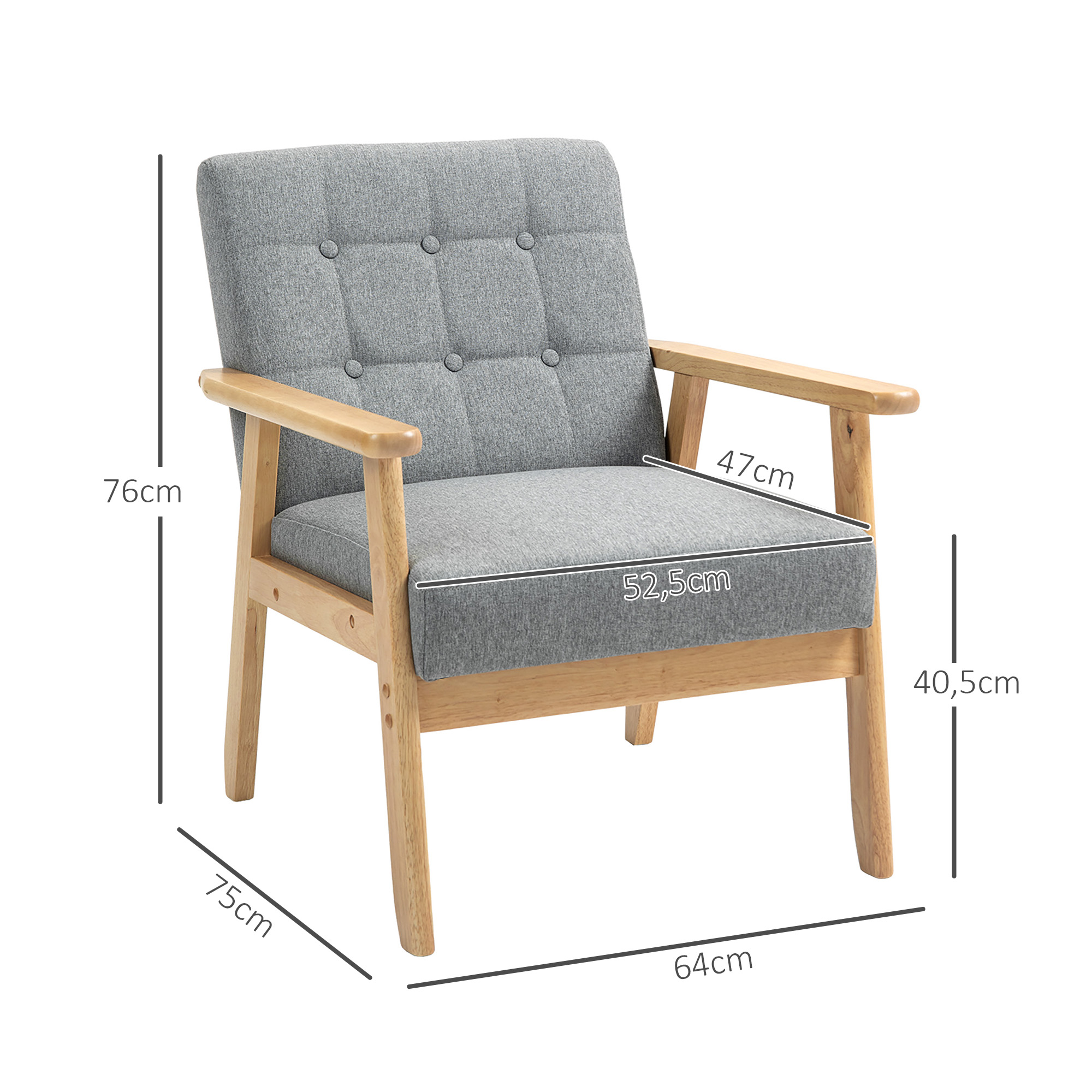 Un sillón gris con estructura de madera, con dimensiones marcadas, sobre un fondo blanco.