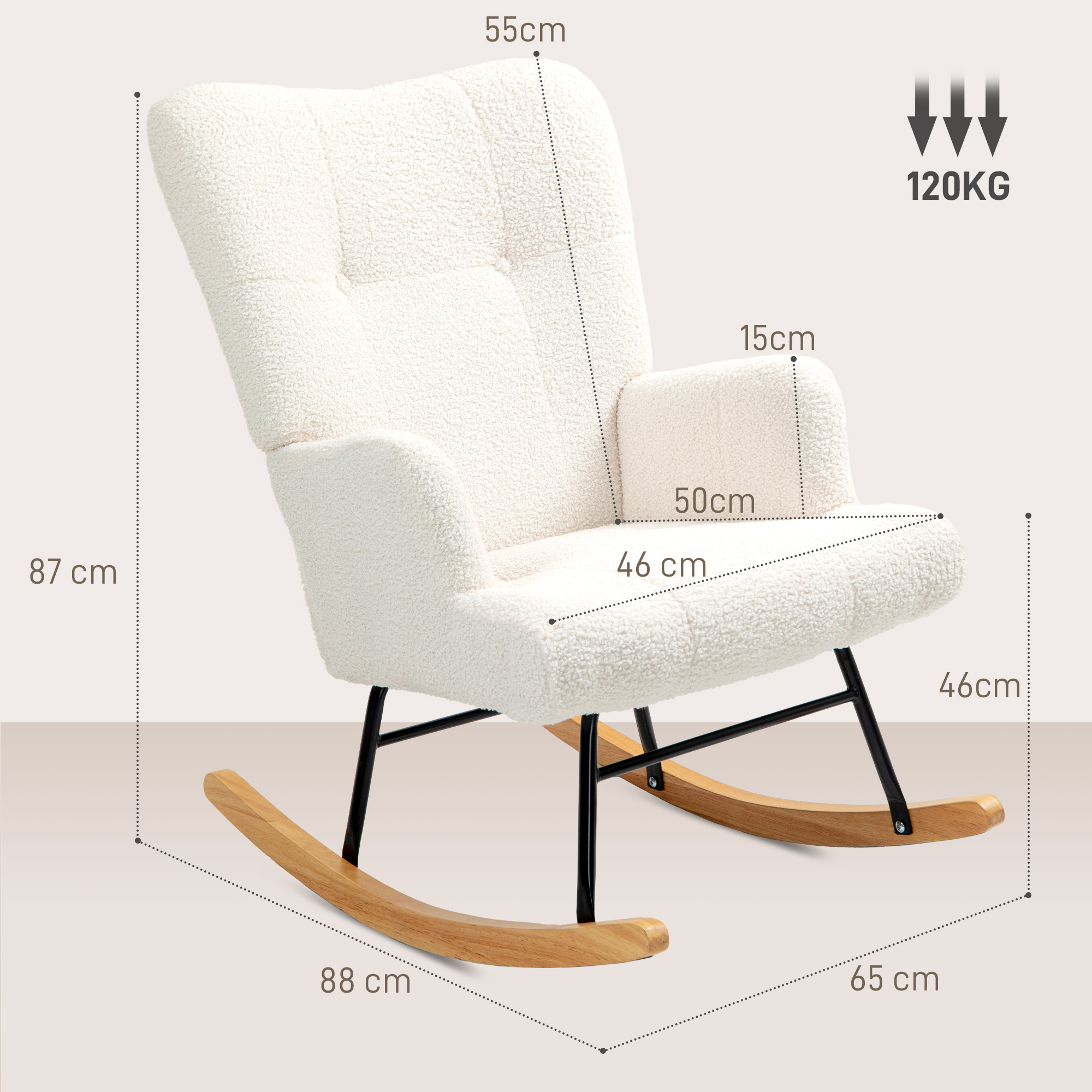 Una mecedora blanca con balancines de madera y soportes de metal negro, con dimensiones superpuestas.