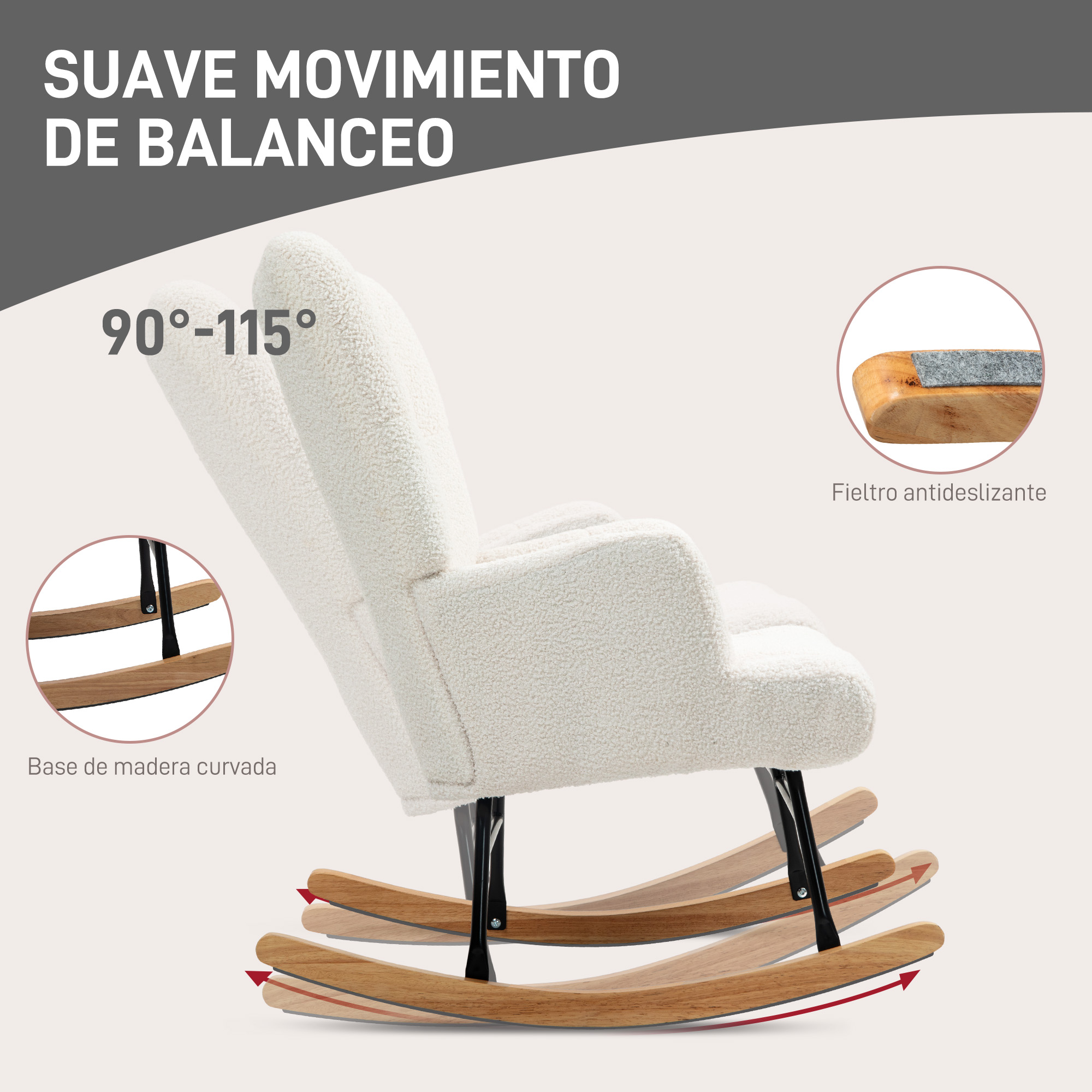 Una mecedora blanca con una base de madera curvada, que se muestra en diferentes ángulos para ilustrar el movimiento.