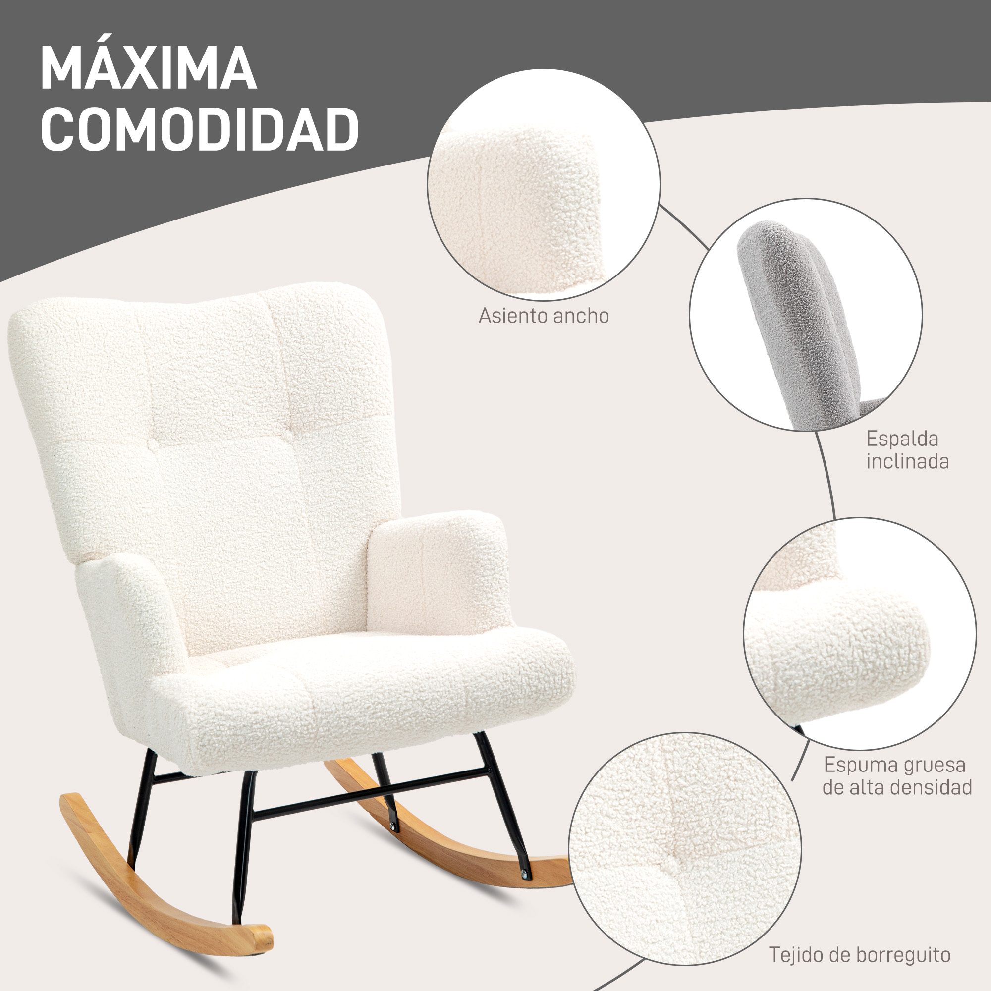 Una mecedora blanca y esponjosa con detalles del producto resaltados, sobre un fondo blanco.