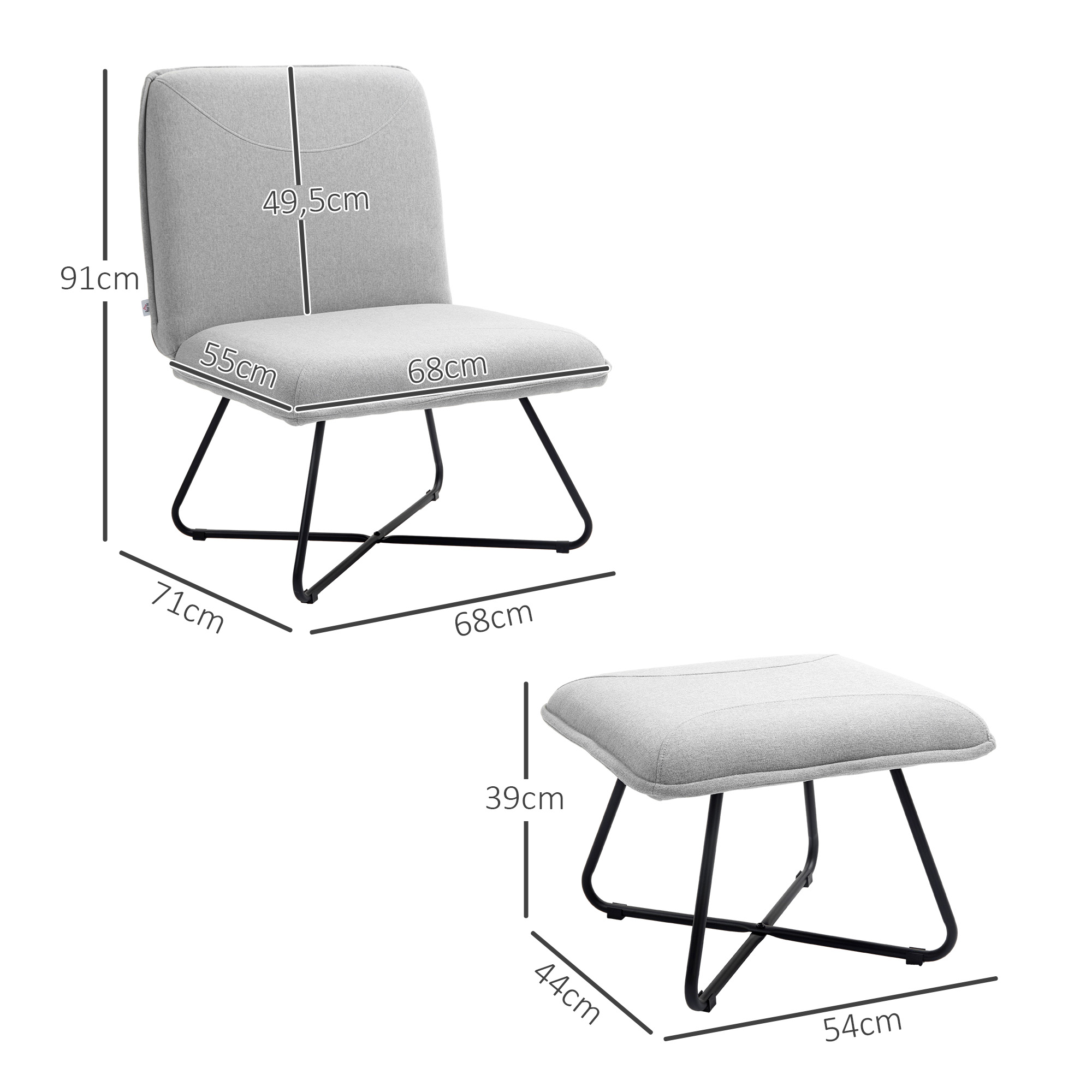 Diagrama de una silla y un reposapiés de color gris claro. Las dimensiones se dan en centímetros. Fondo blanco.