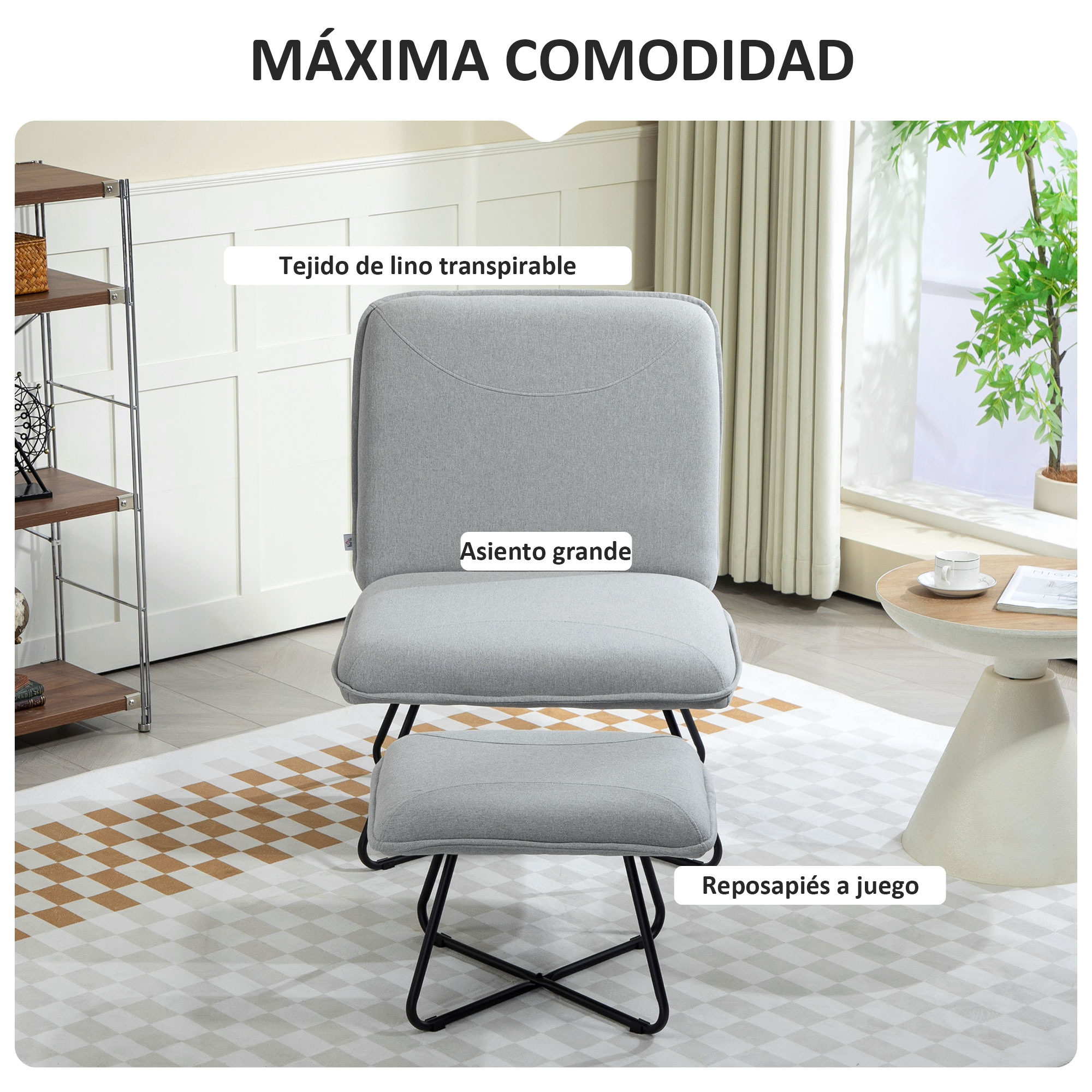 Silla gris con reposapiés sobre una alfombra estampada, con un diseño moderno y asientos cómodos.