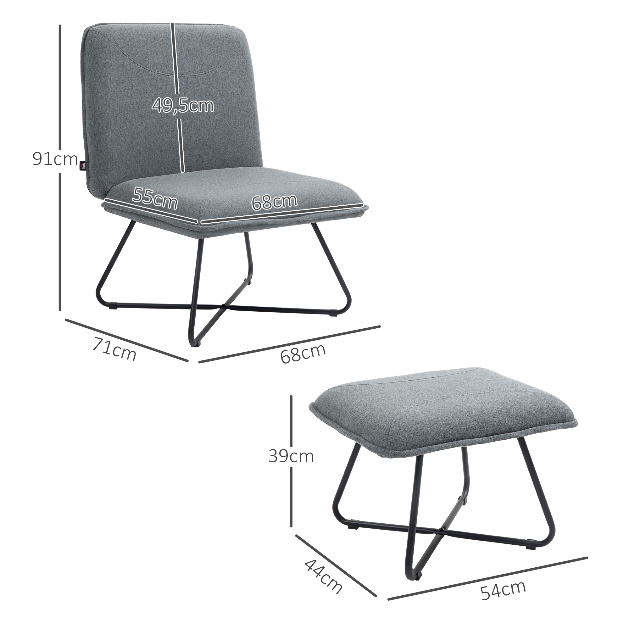 Se muestran una silla y un otomano grises con dimensiones. Están sobre un suelo gris, con un fondo blanco.