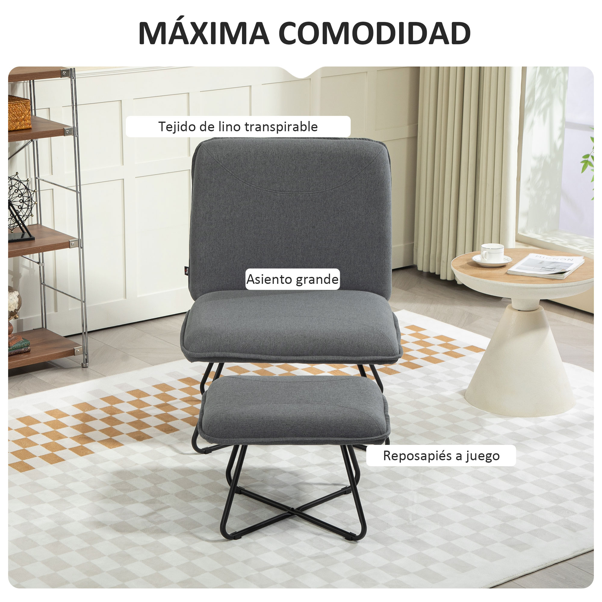 Se muestran una silla y un otomano grises en una habitación. La superposición de texto en español describe las características del conjunto.