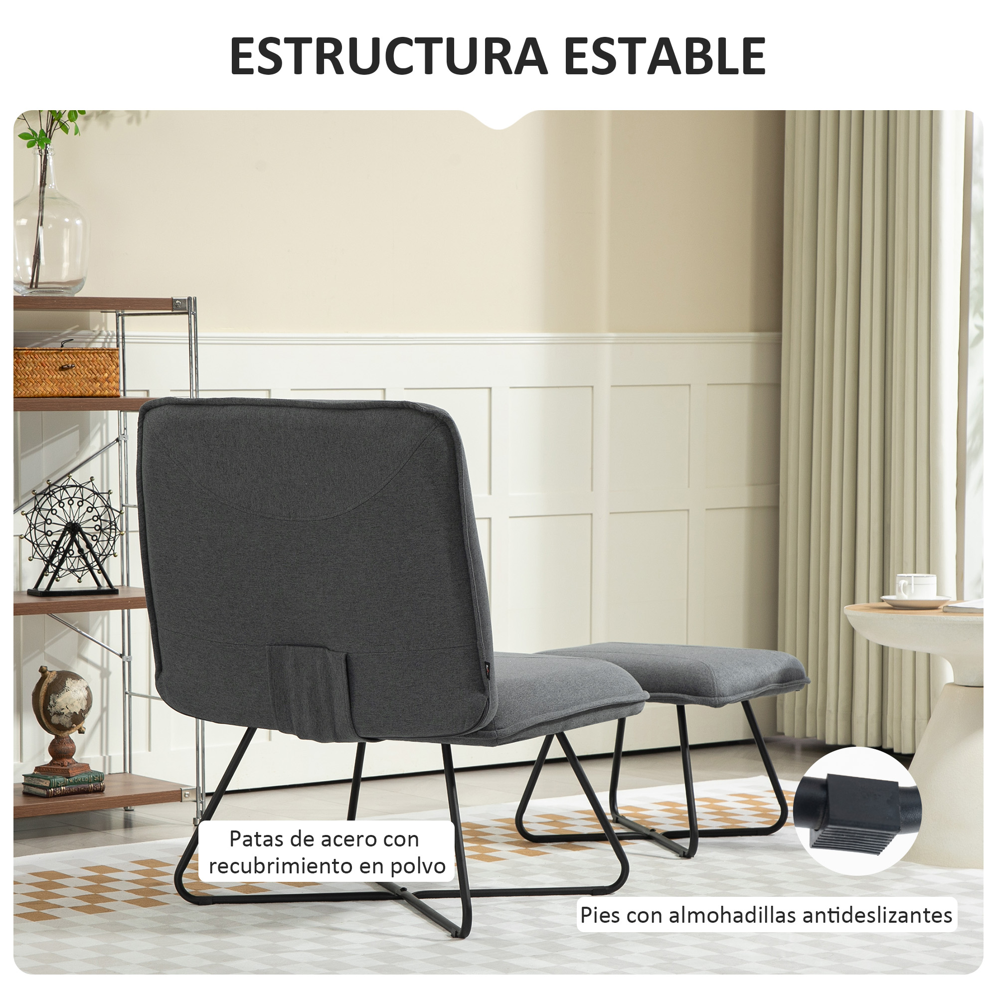 Silla y reposapiés grises sobre alfombra. El texto dice: 'ESTRUCTURA ESTABLE'.