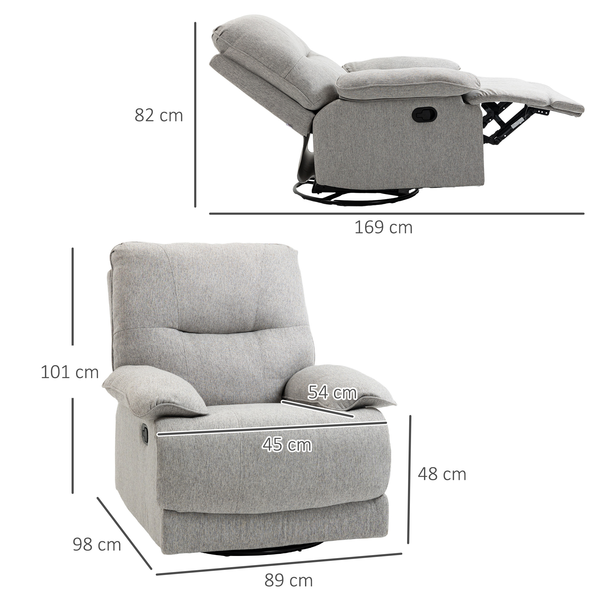 Una imagen muestra las dimensiones de una silla reclinable gris tanto en posición vertical como totalmente reclinada.