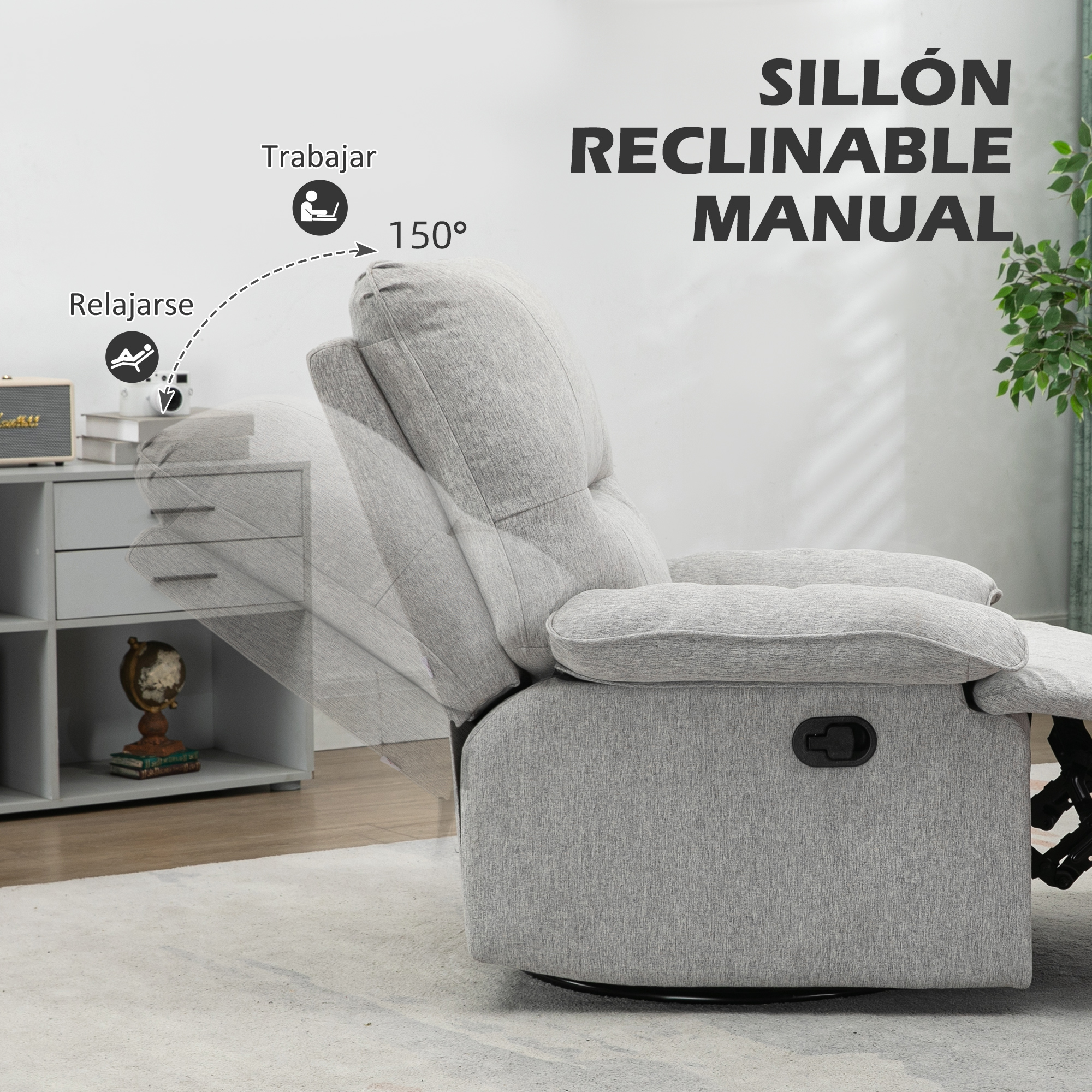 Una silla reclinable gris se coloca cerca de un estante blanco, con iconos de trabajo y relajación superpuestos.