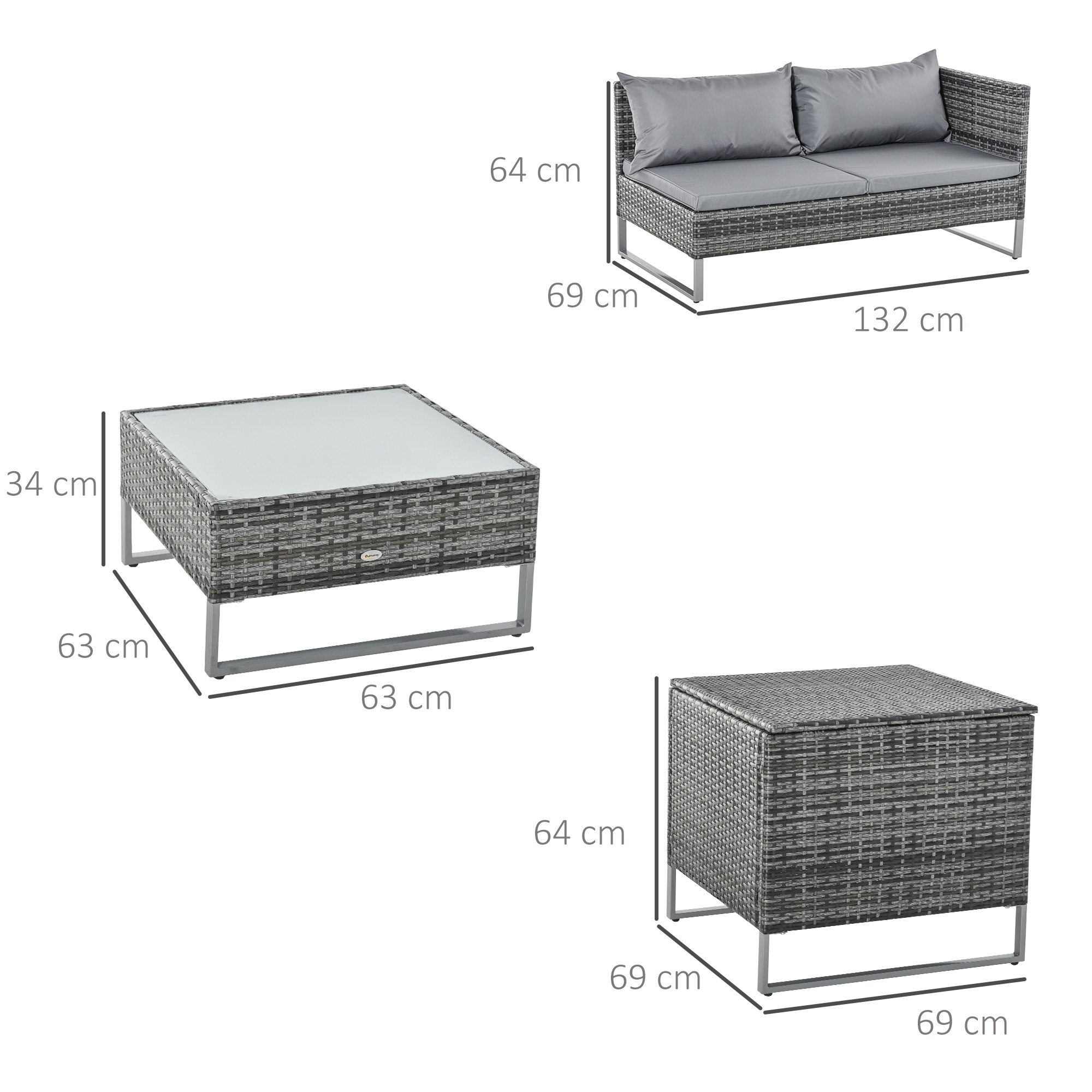 Un gráfico muestra las dimensiones de un juego de patio de mimbre gris con imágenes y medidas de apoyo.