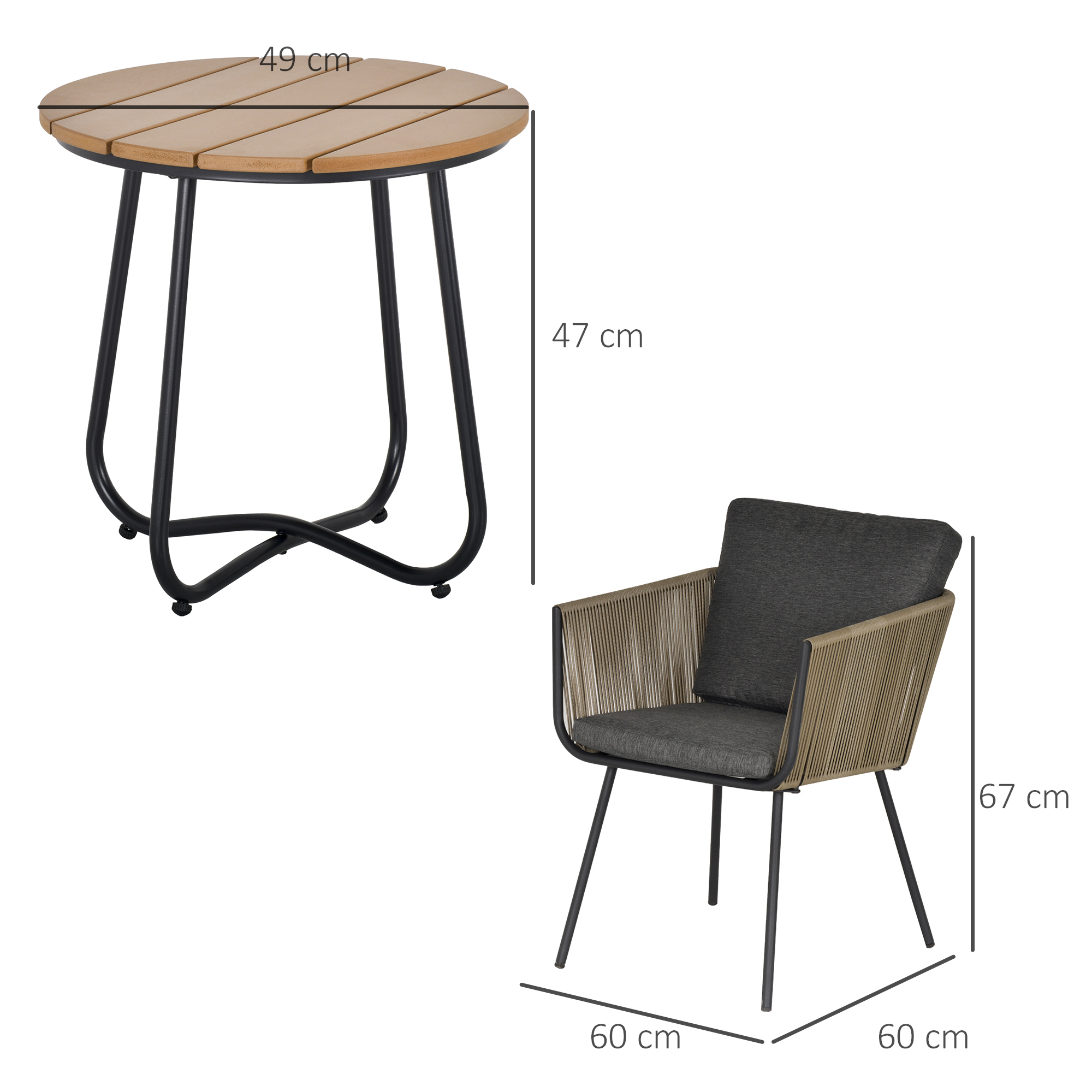La imagen muestra las dimensiones de una mesa y una silla con un diseño de cuerda tejida y cojines grises.