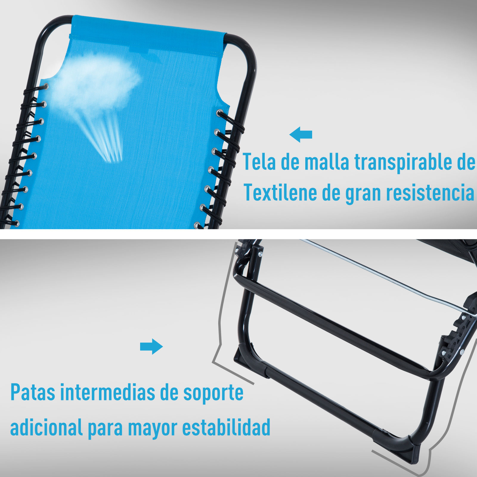 Primer plano de tela de malla azul y marco con texto sobre malla transpirable y soporte.