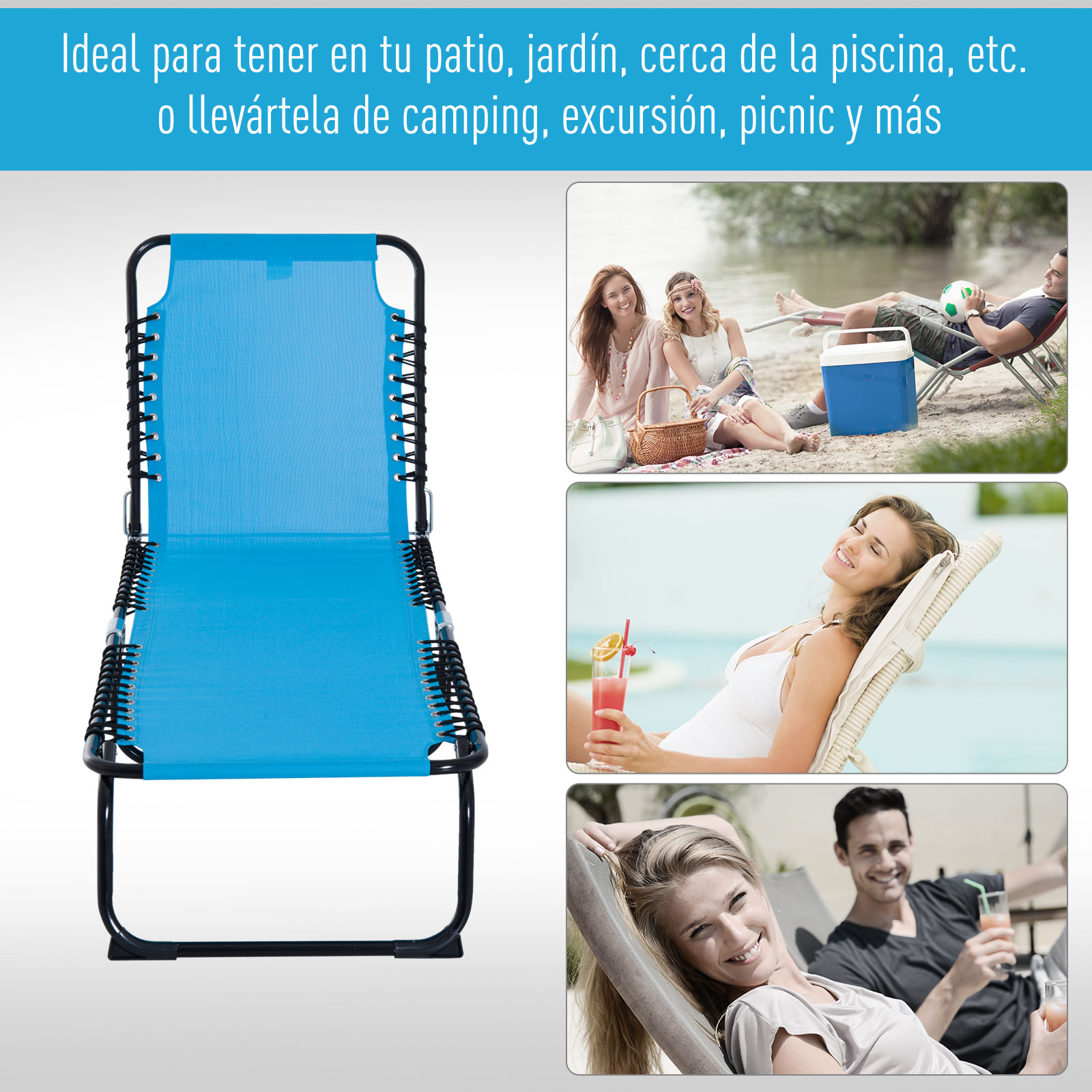 Tumbona azul con escenas de personas usándola en la playa, cerca de la piscina y relajándose.
