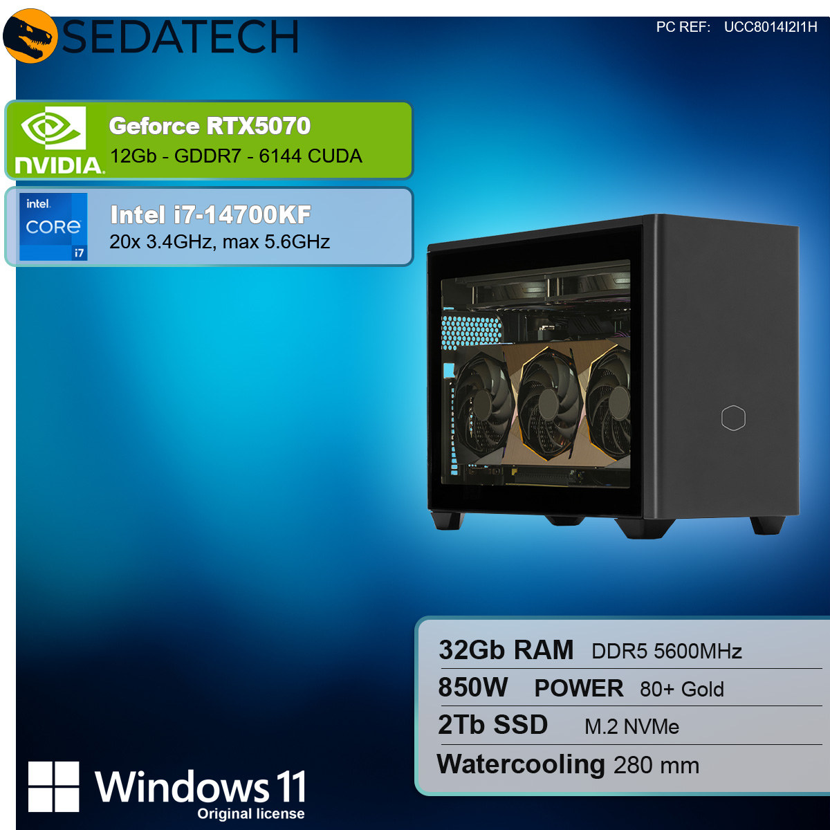 Czarna obudowa komputera z widocznymi wewnętrznymi komponentami, na tle niebieskiego tła ze specyfikacjami sprzętowymi i logo.