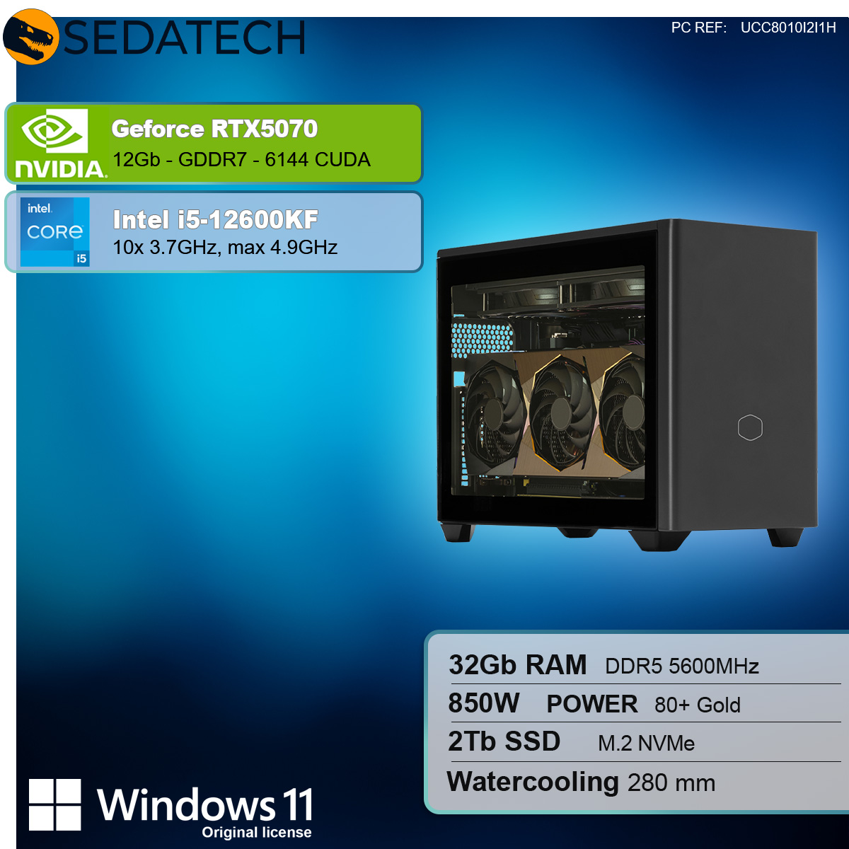 Ein Computer mit goldenen Lüftern in einem transparenten Gehäuse befindet sich auf einem blauen Farbverlaufshintergrund.
