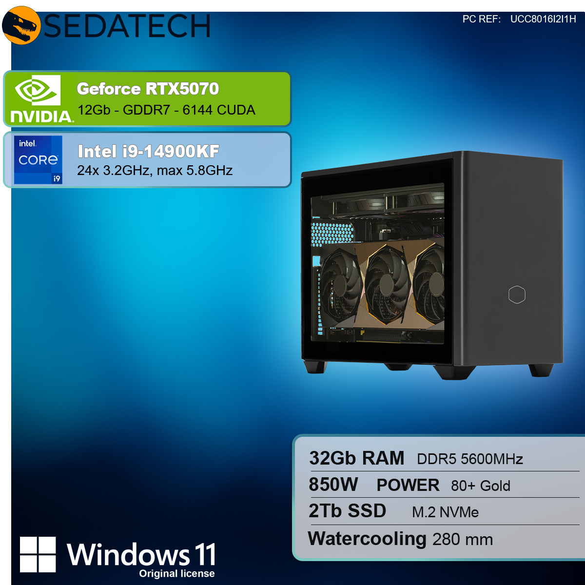 Un computer con ventole dorate all'interno di un case trasparente è su uno sfondo sfumato blu.