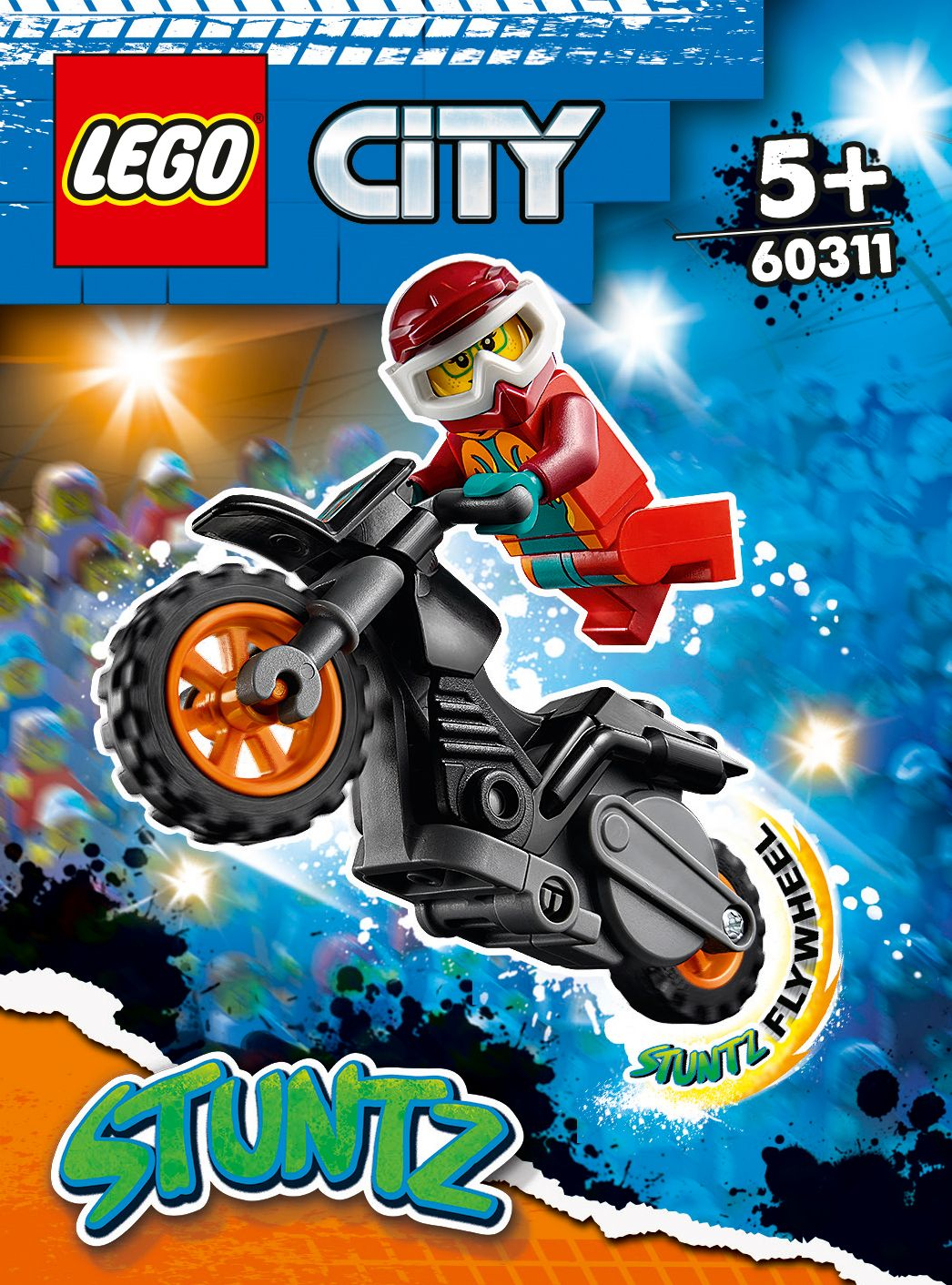 Ein LEGO City Stuntz Set mit einer Minifigur auf einem schwarz-orangen Schwungrad-Stuntbike.