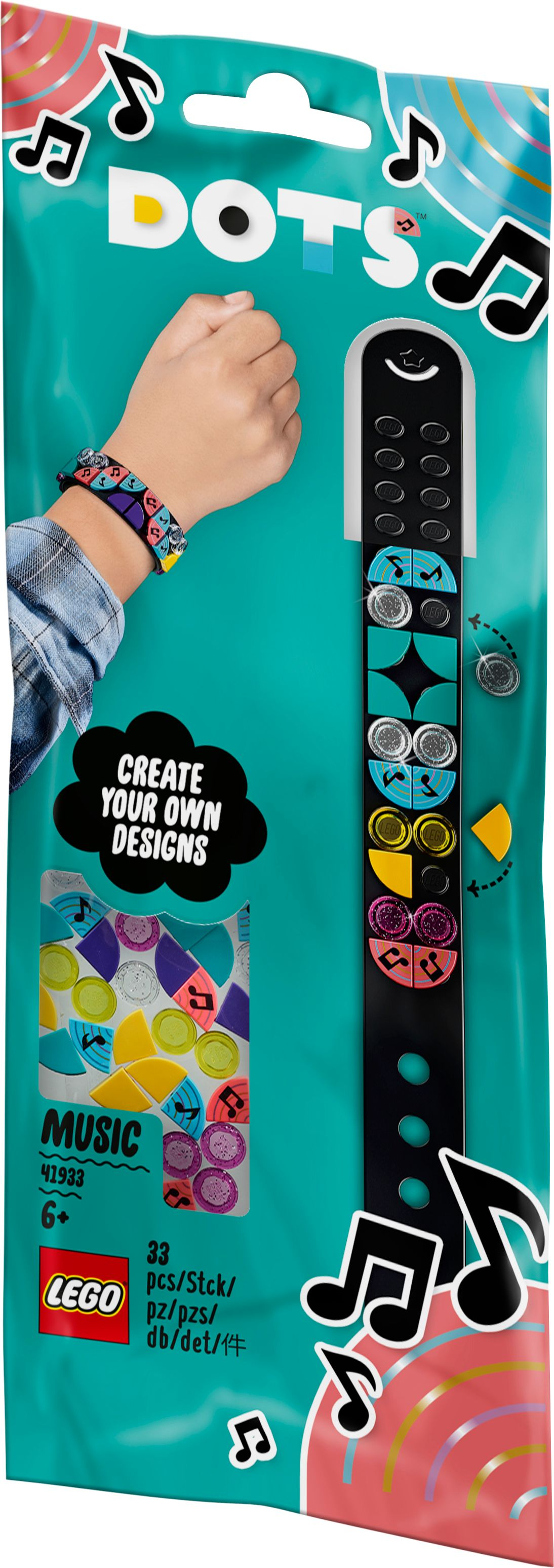 Zestaw LEGO DOTS Music z czarną bransoletką i kolorowymi płytkami z nutami muzycznymi.