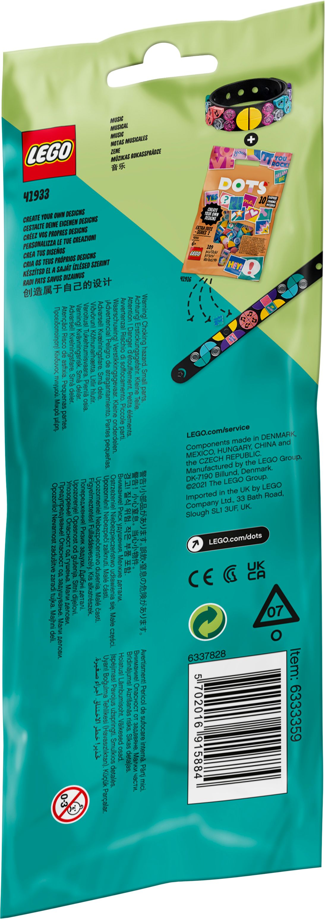 Tył opakowania LEGO DOTS Music z informacjami o produkcie i małym nadgarstkiem z bransoletką.