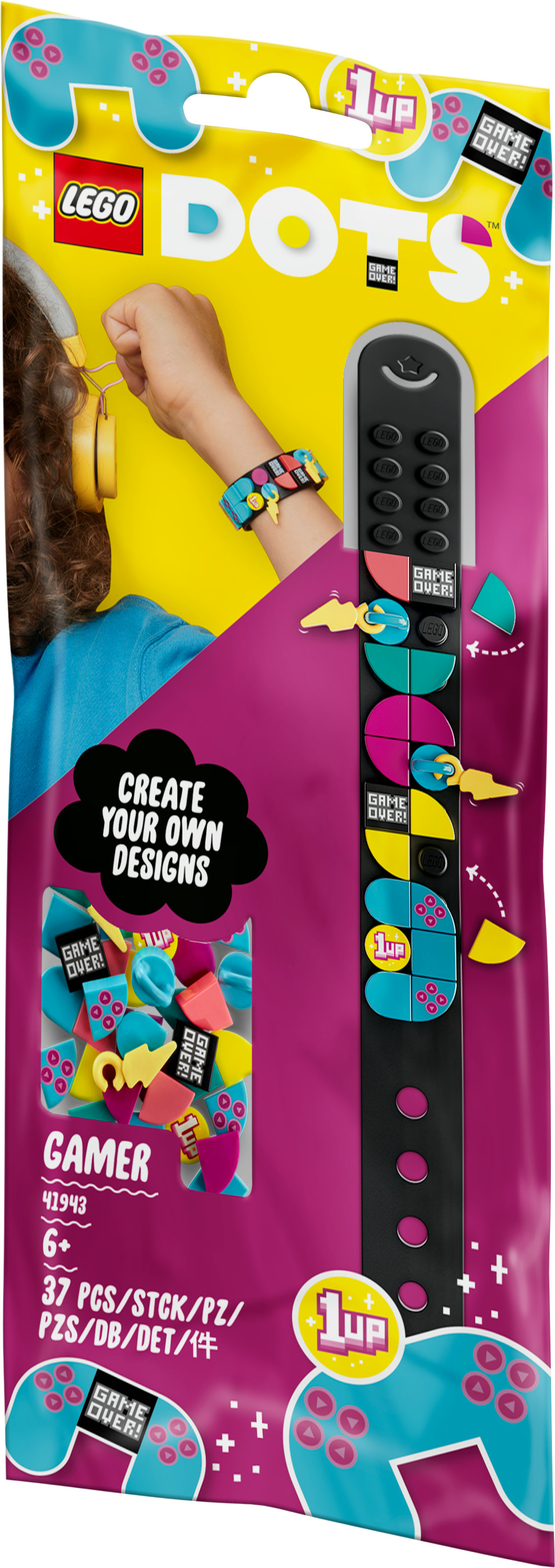 LEGO DOTS Gamer Armband Pack mit Gamecontroller-Dekorationen auf gelbem und violettem Hintergrund.