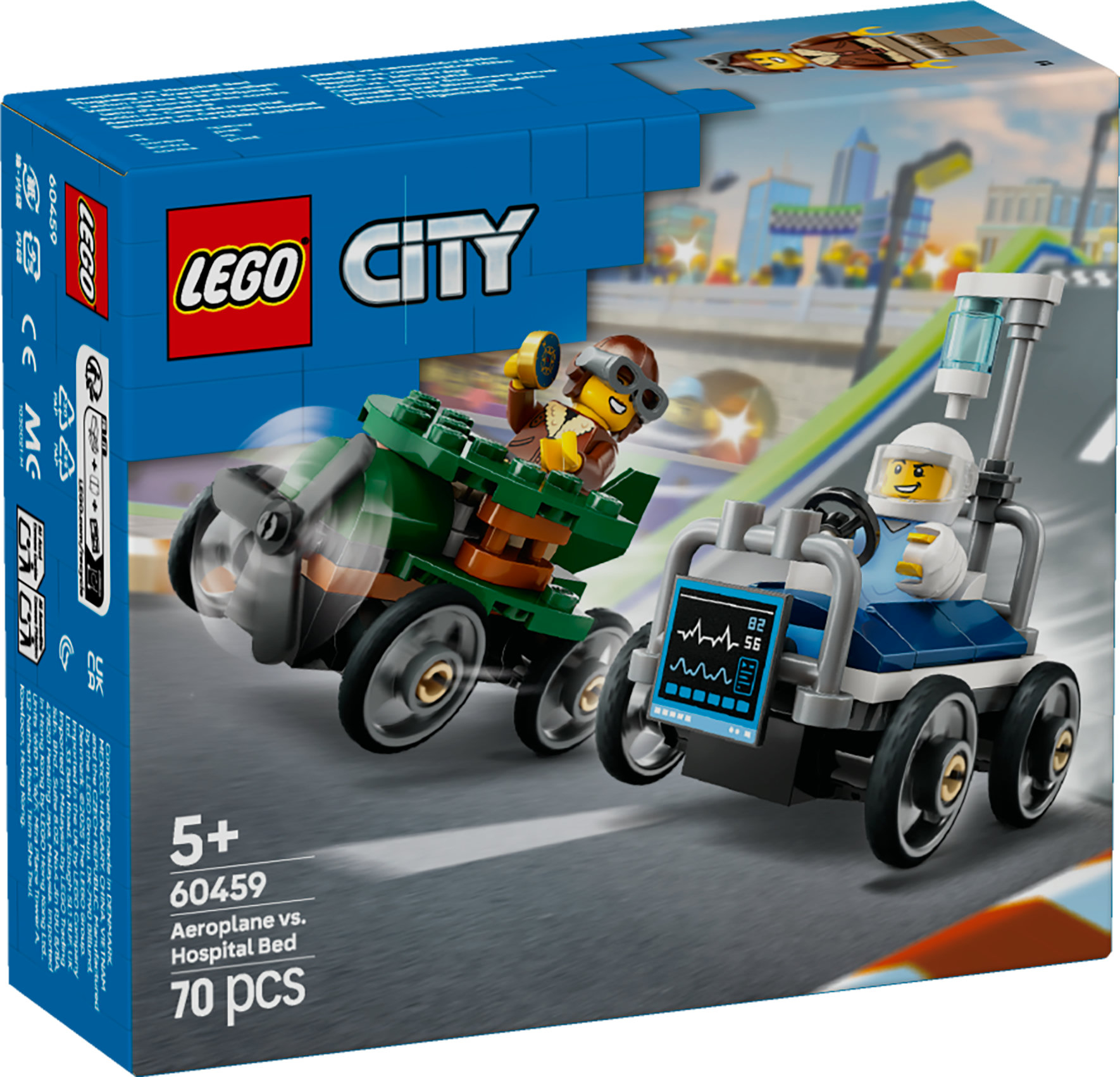 Un ensemble Lego de deux véhicules de course. L'un est un avion vert, l'autre un lit d'hôpital.