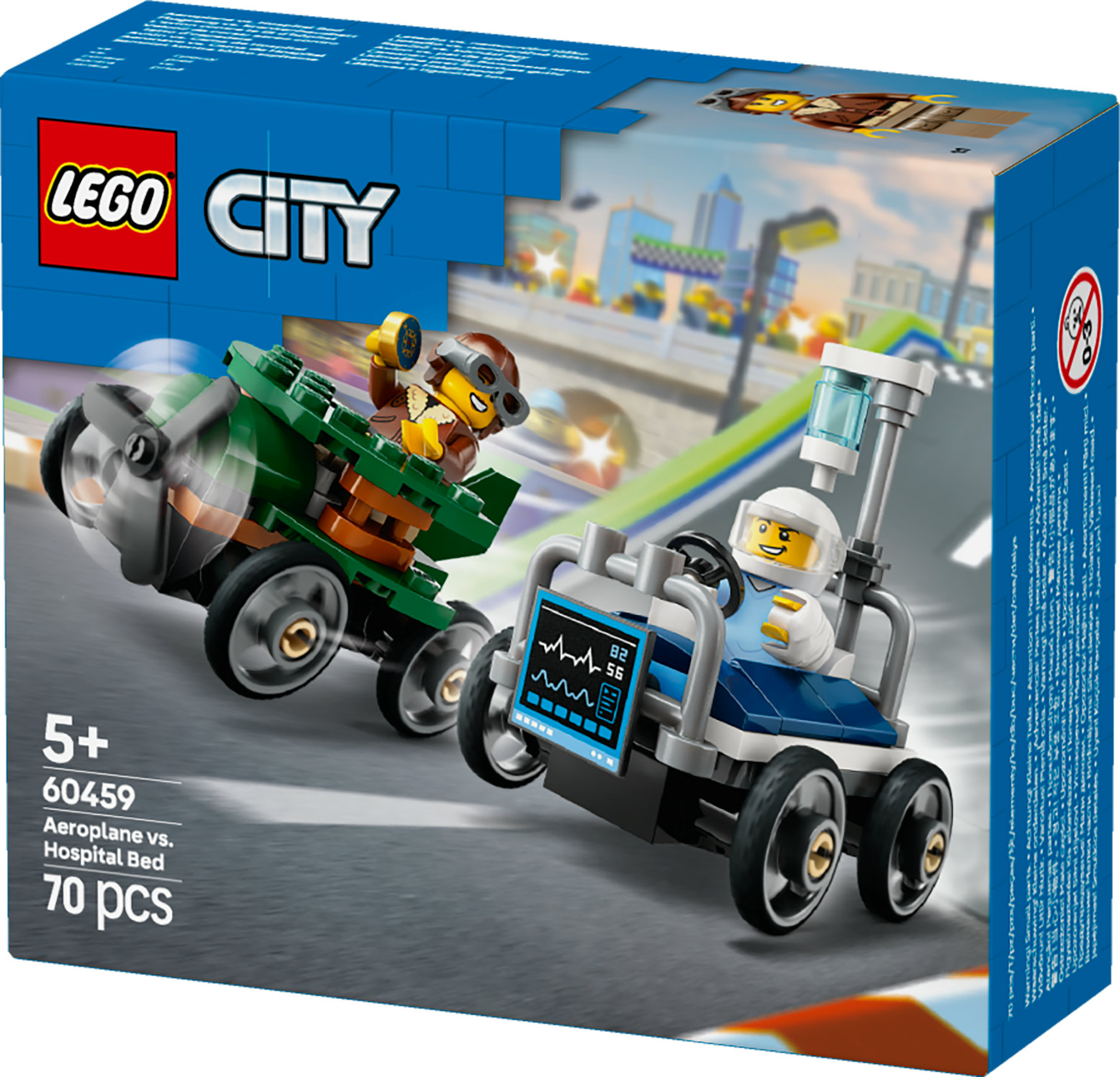 Un ensemble Lego de deux véhicules de course. L'un est un avion vert, l'autre un lit d'hôpital.