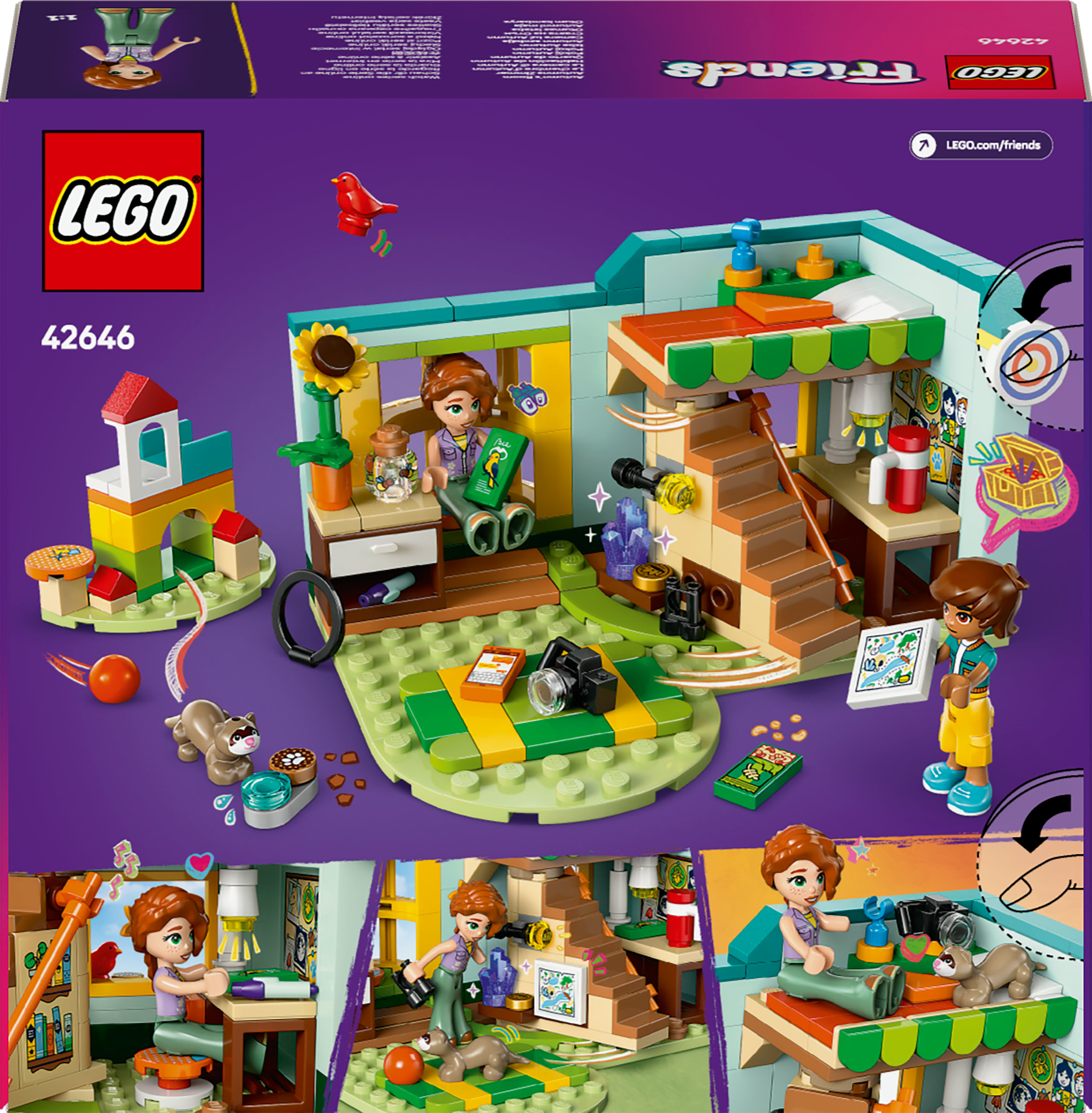 Pudełko zestawu Lego Friends: budynek modułowy ze studio fotograficznym, lalkami i akcesoriami. Widoczna jest tył.