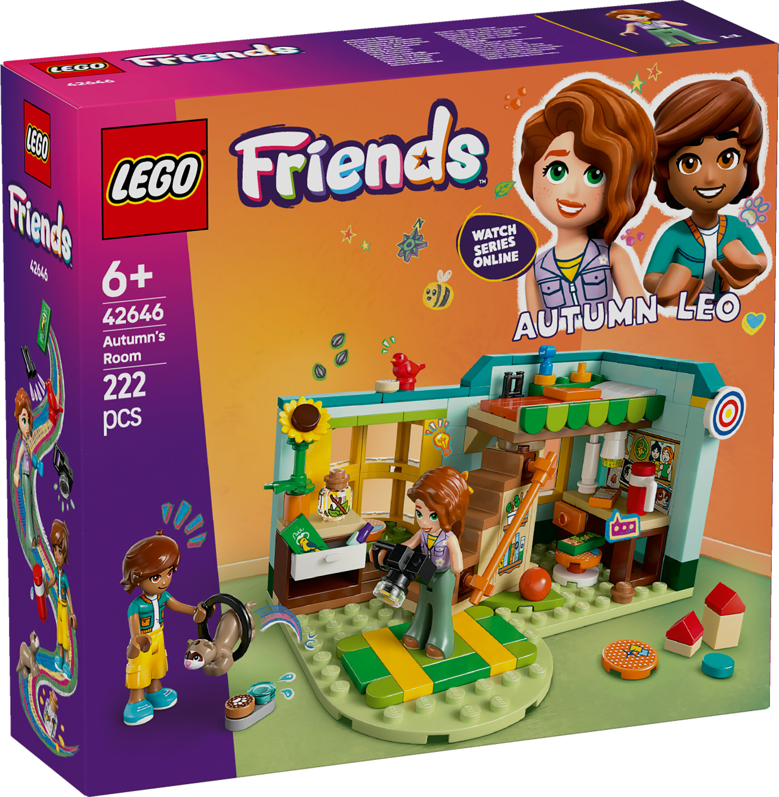 Zestaw Lego Friends z budynkiem modułowym ze studio fotograficznym, lalkami i akcesoriami. Pudełko jest wyświetlane.