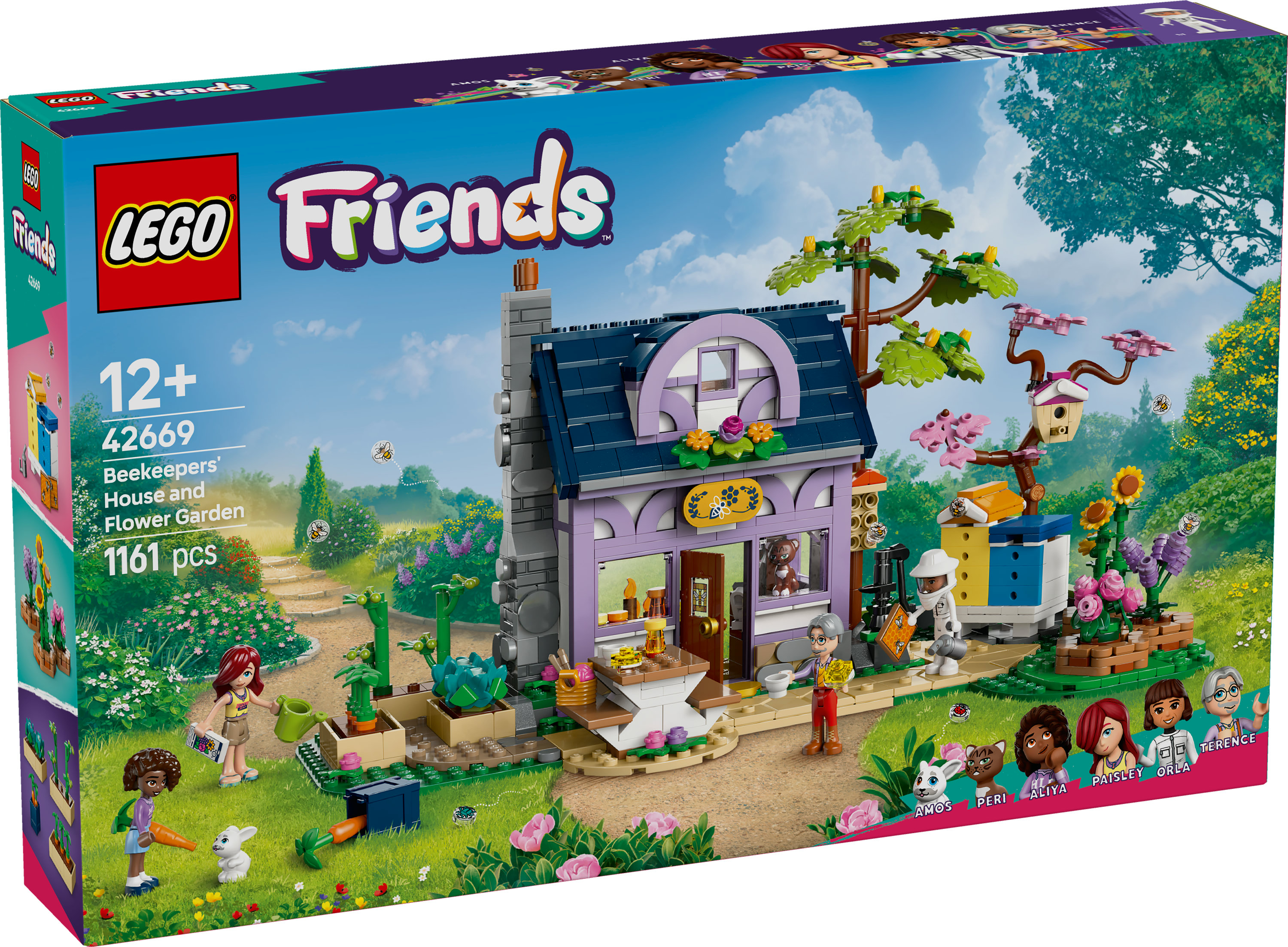 Pudełko zestawu LEGO Friends: Dom pszczelarza i ogród kwiatowy z figurkami mini lalek, roślinami oraz fioletowo-niebieskim domkiem.