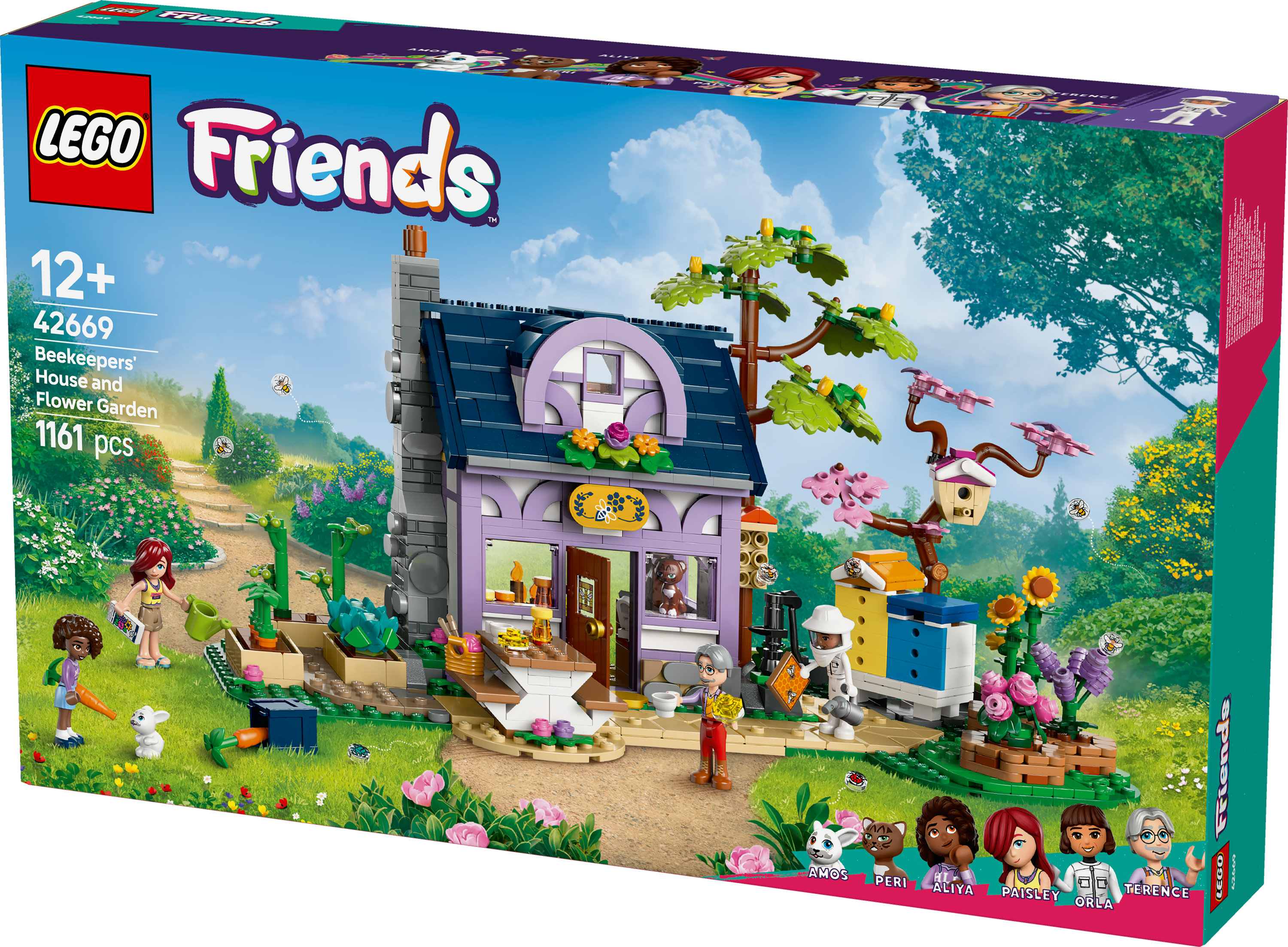 Pudełko zestawu LEGO Friends: Dom pszczelarza i ogród kwiatowy z figurkami mini lalek, roślinami oraz fioletowo-niebieskim domkiem.